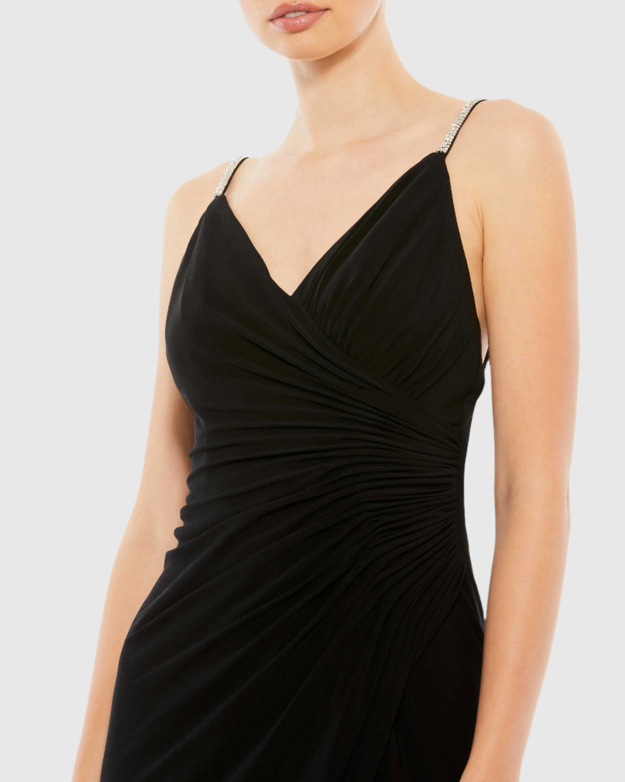 Black Faux Wrap V Neck Open Back Gown - FINAL SALE