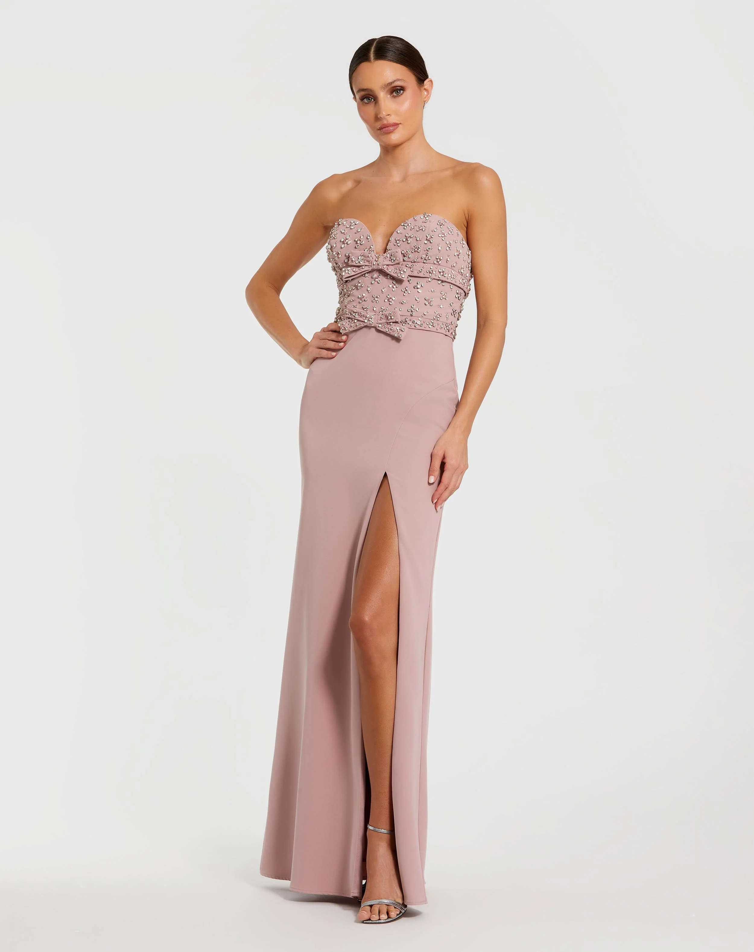Pink Strapless Crepe Fitted Gown With Rhinestones