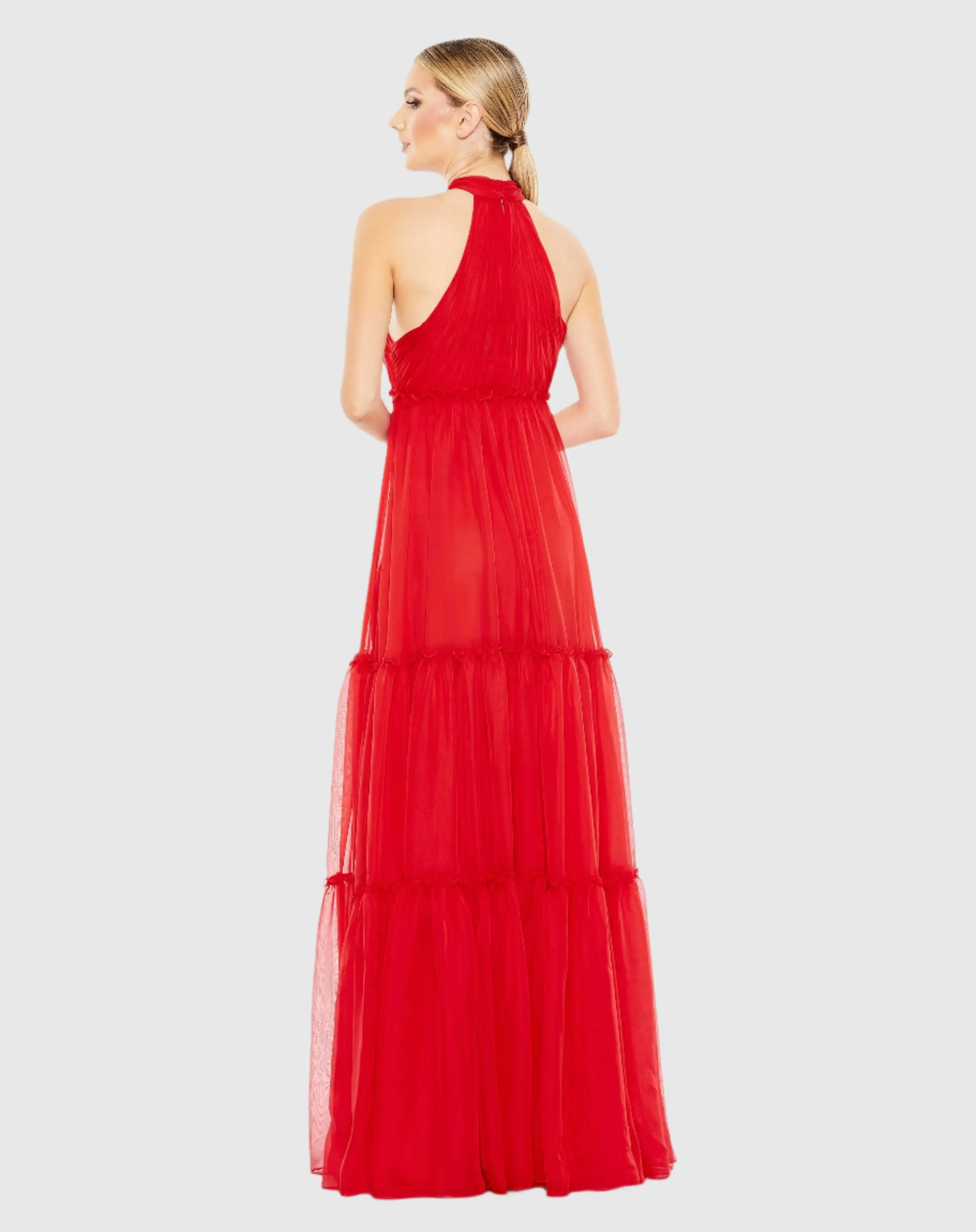 Red Ruched Tiered High Neck Bow A Line Gown