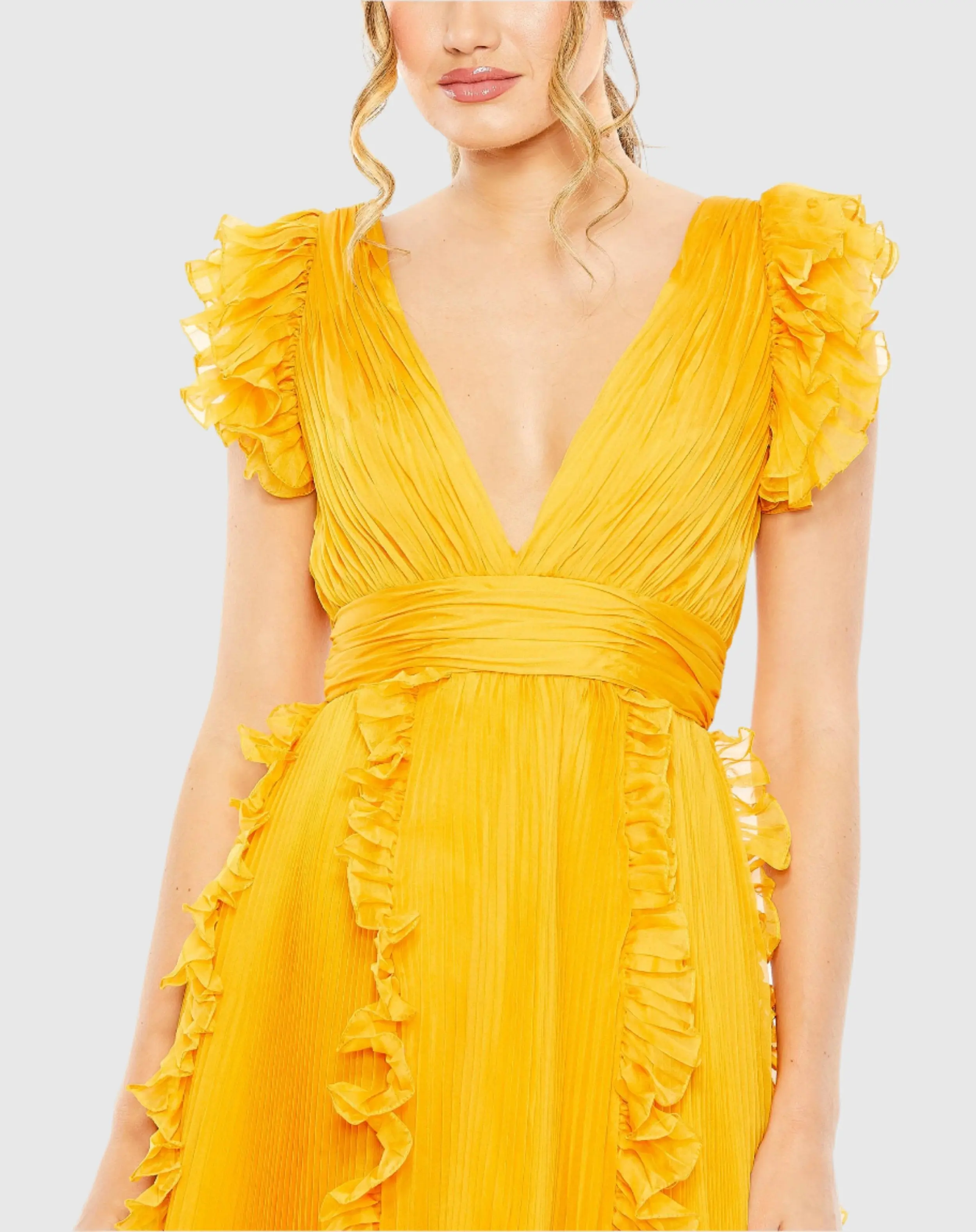 Yellow Pleated Ruffle Cap Sleeve Flowy A Line Gown