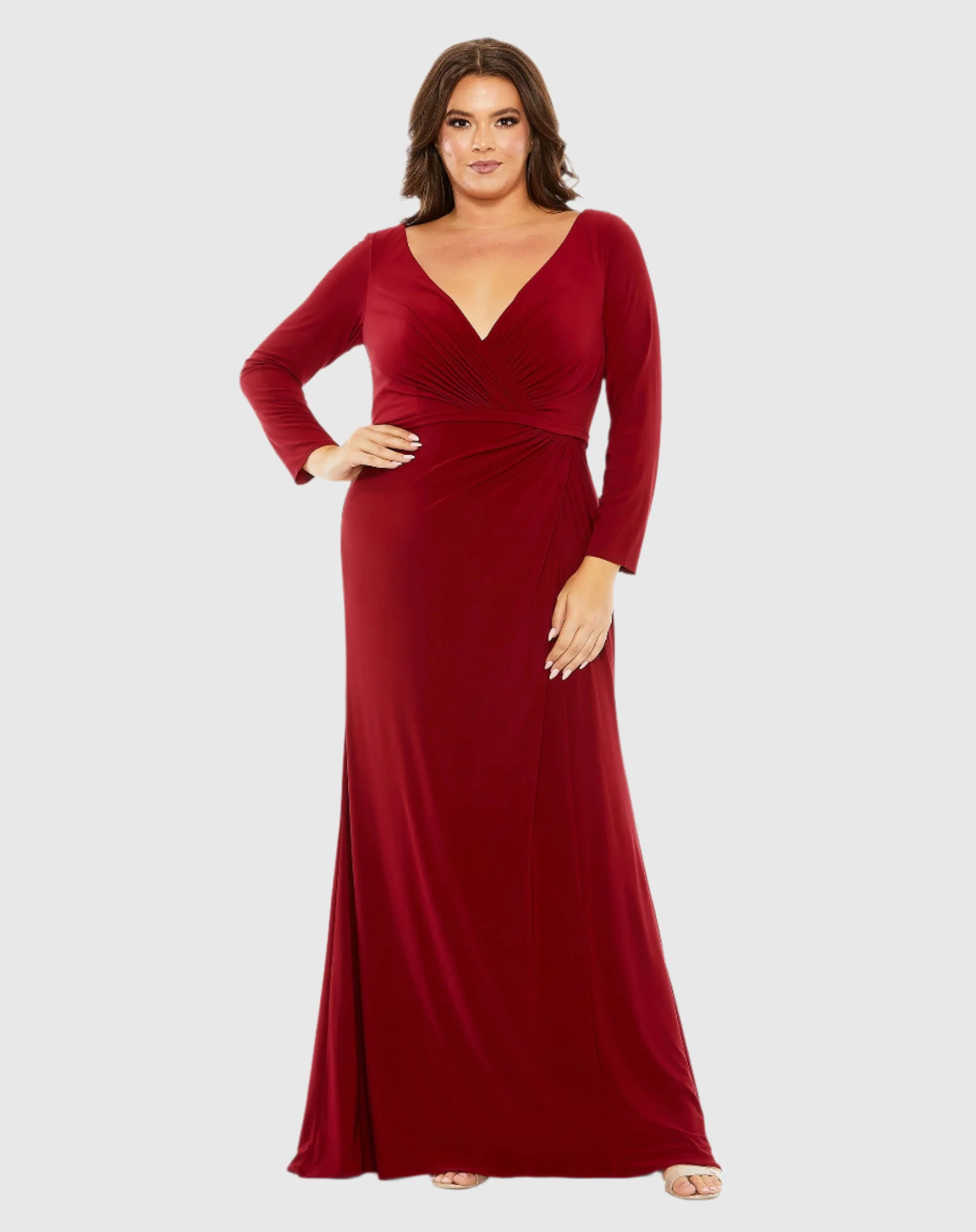 Red Long Sleeve V-Neck Faux Wrap Gown