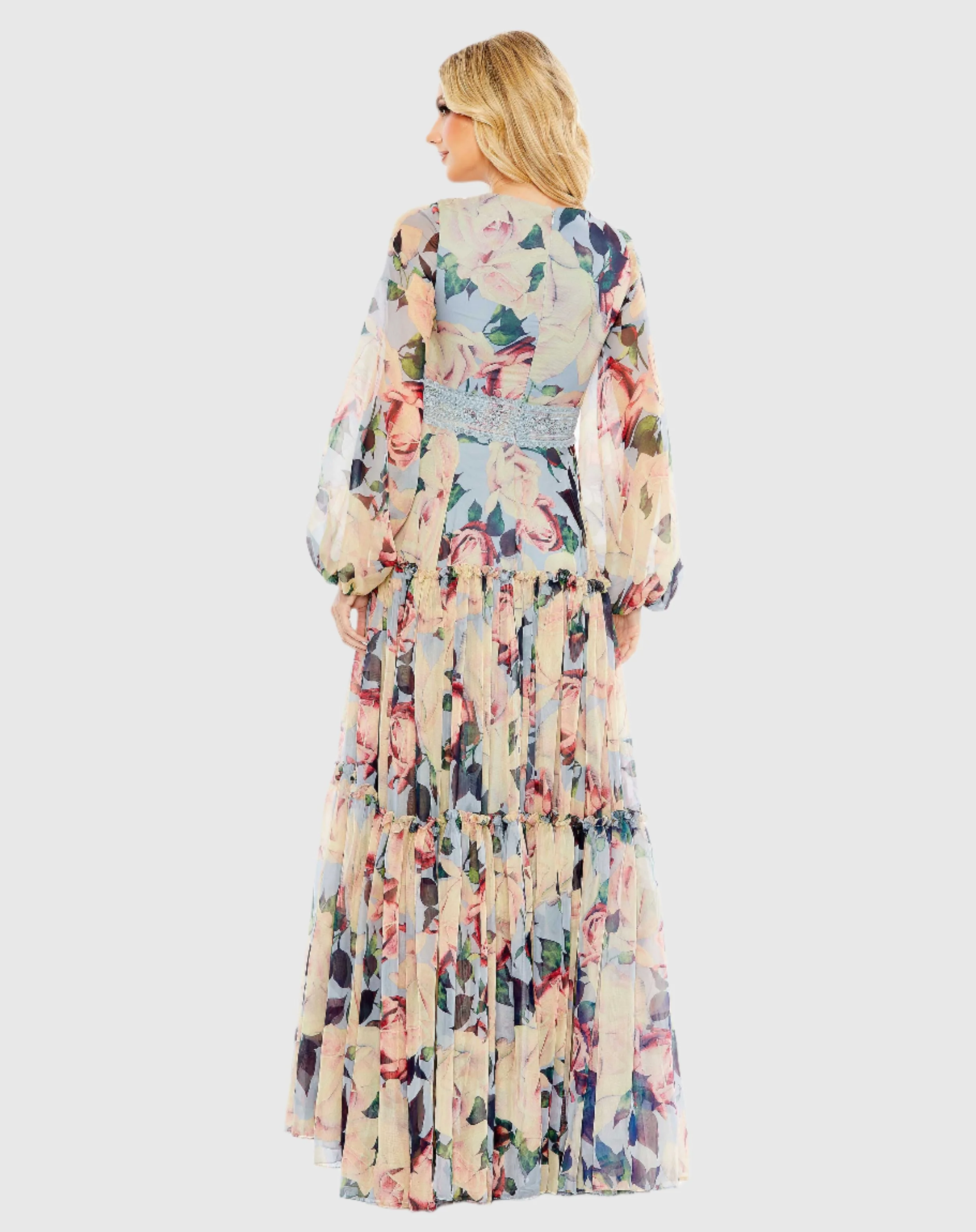 Floral Puff Sleeve Dress With Embroidered Waist