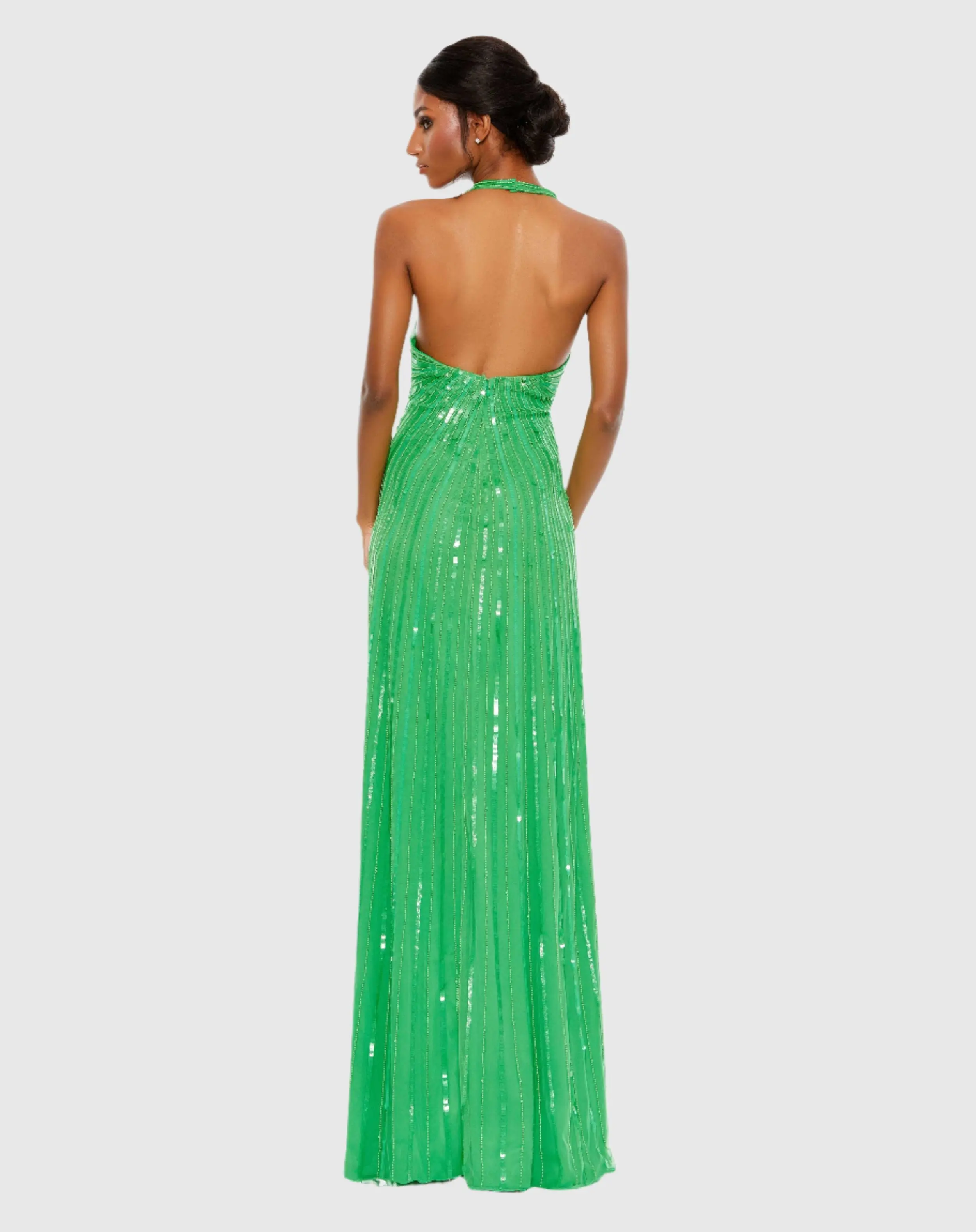 Sequined Halter Strap V Neck Column Gown