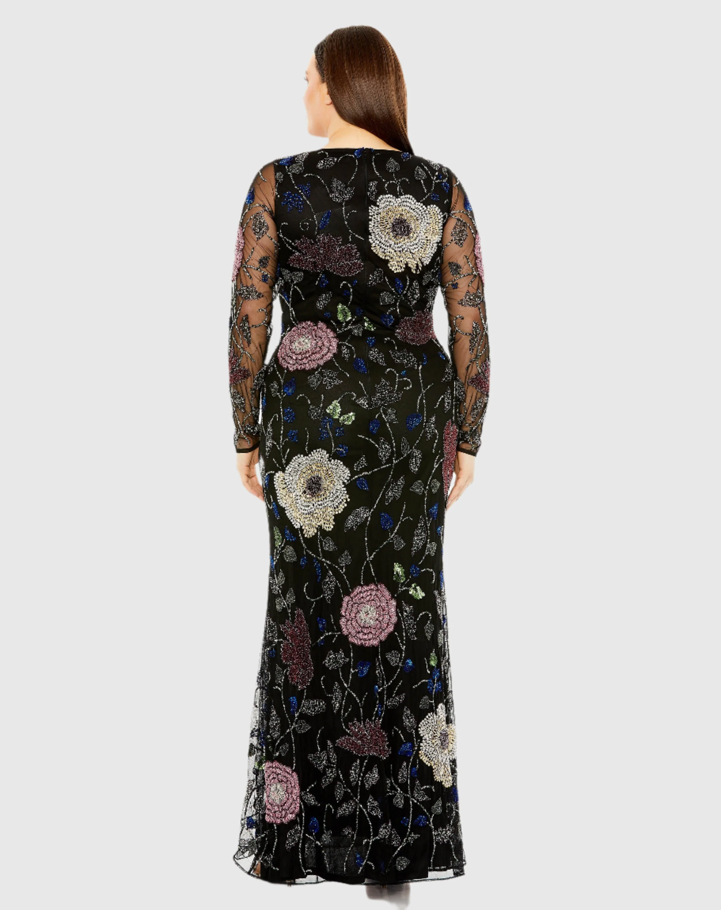 Long Sleeve High Neck Floral Embroidered Gown