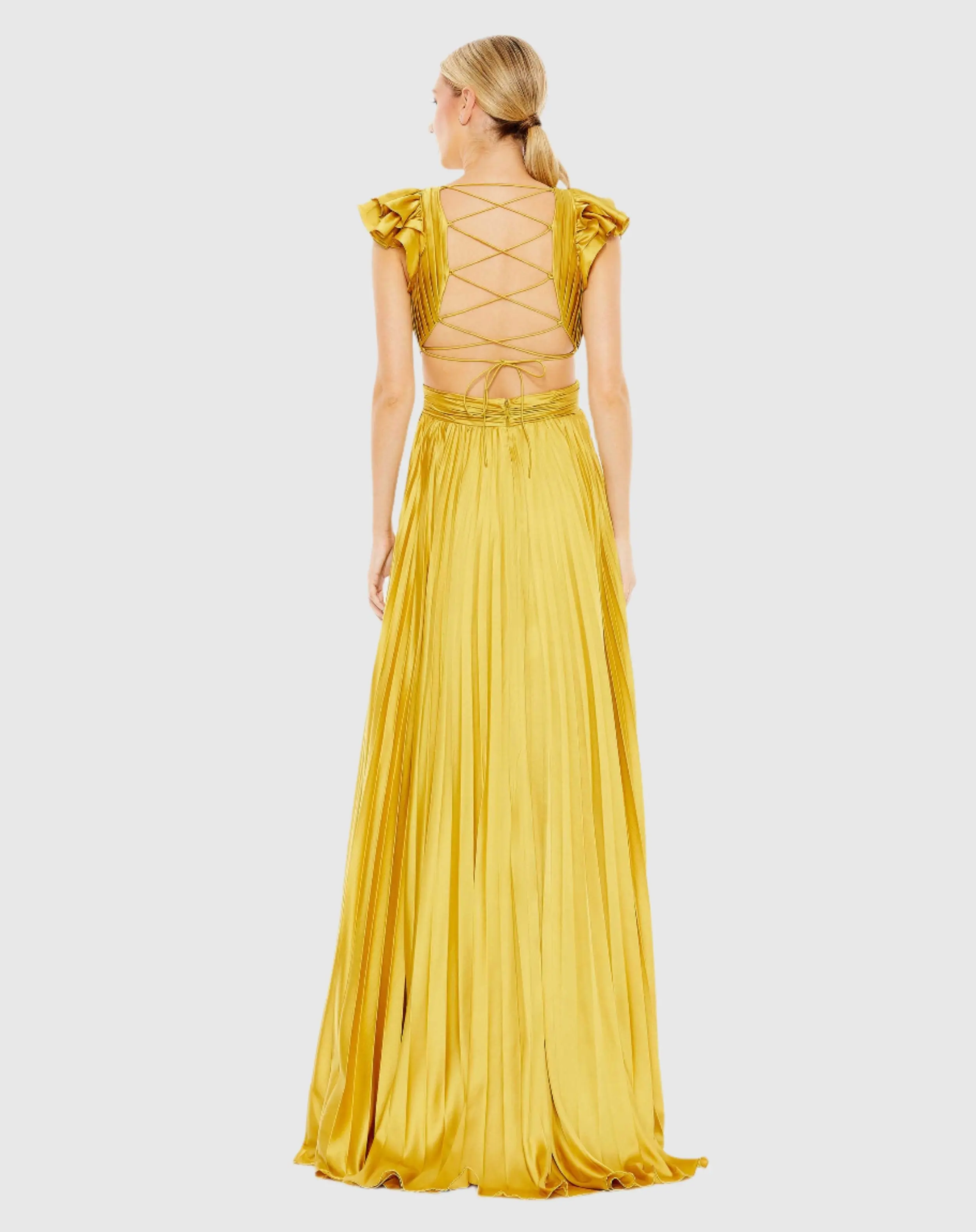 Yellow Pleated Ruffled Cap Sleeve Cut Out Lace Up Gown - FINAL SALE