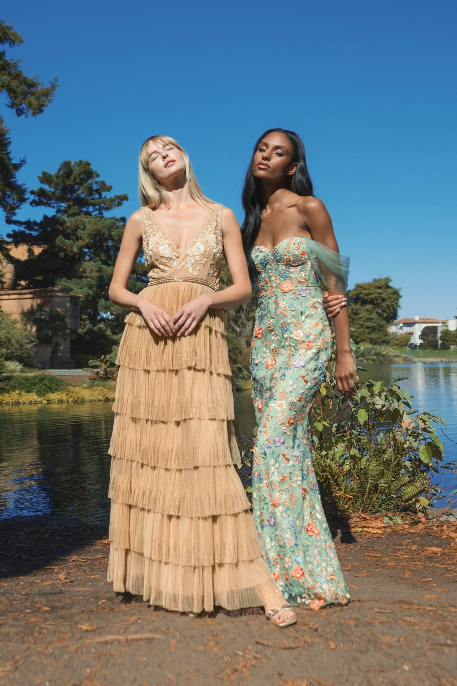 Green Off The Shoulder Bustier Embroidered Net Gown