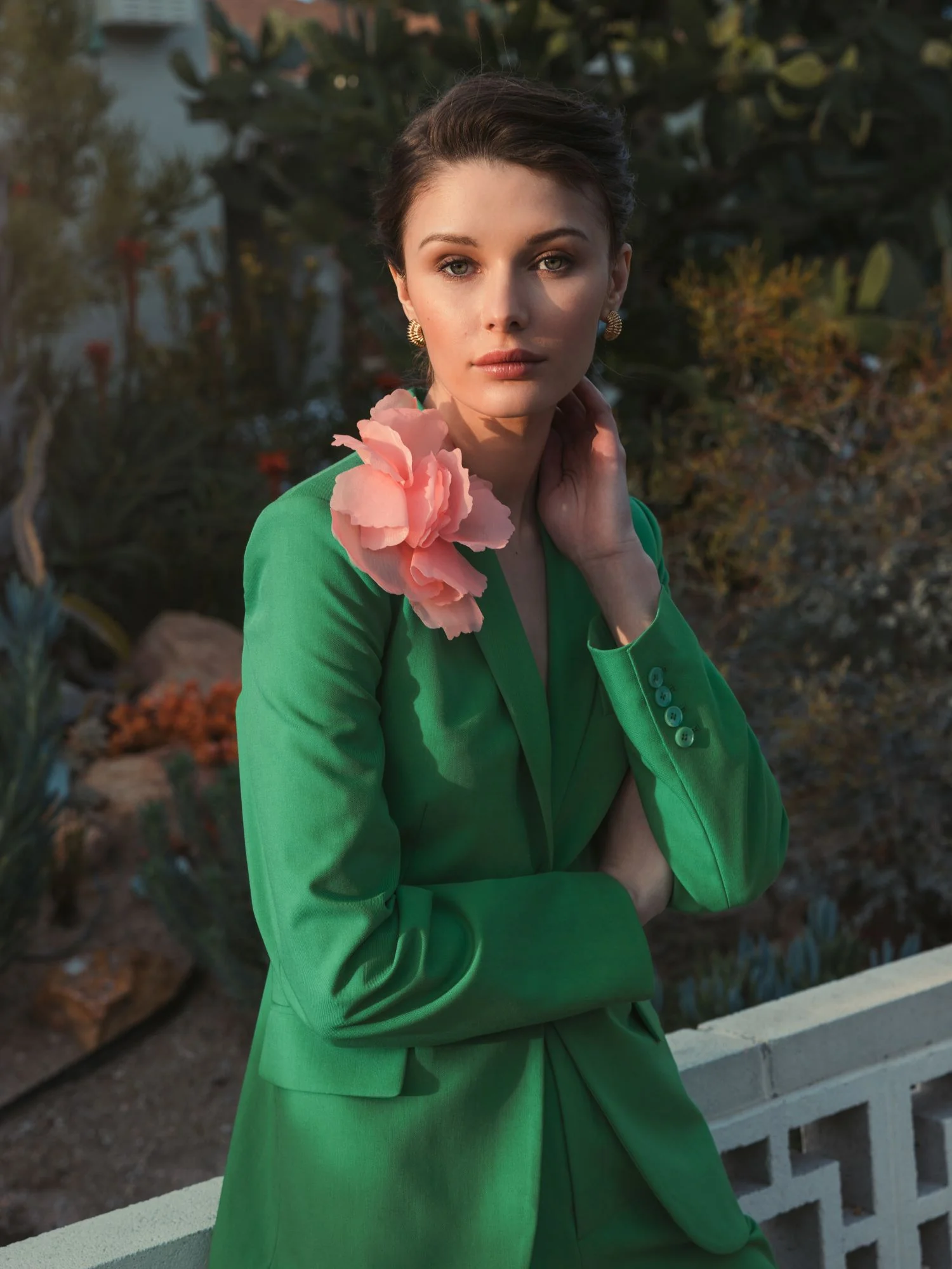 Green Classic Crepe Blazer Jacket With Flower - FINAL SALE