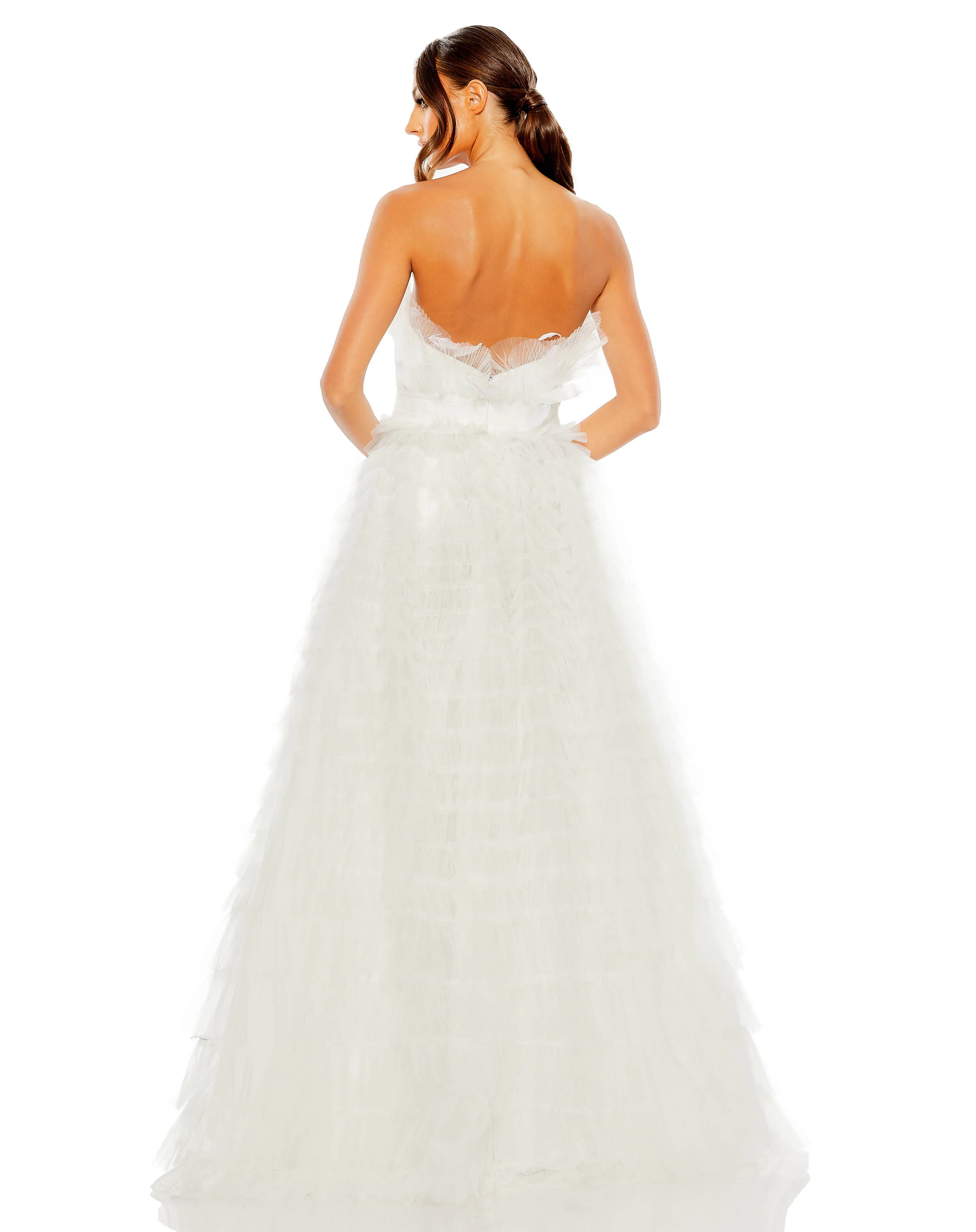 White Strapless Ruffle Gown with Feathers