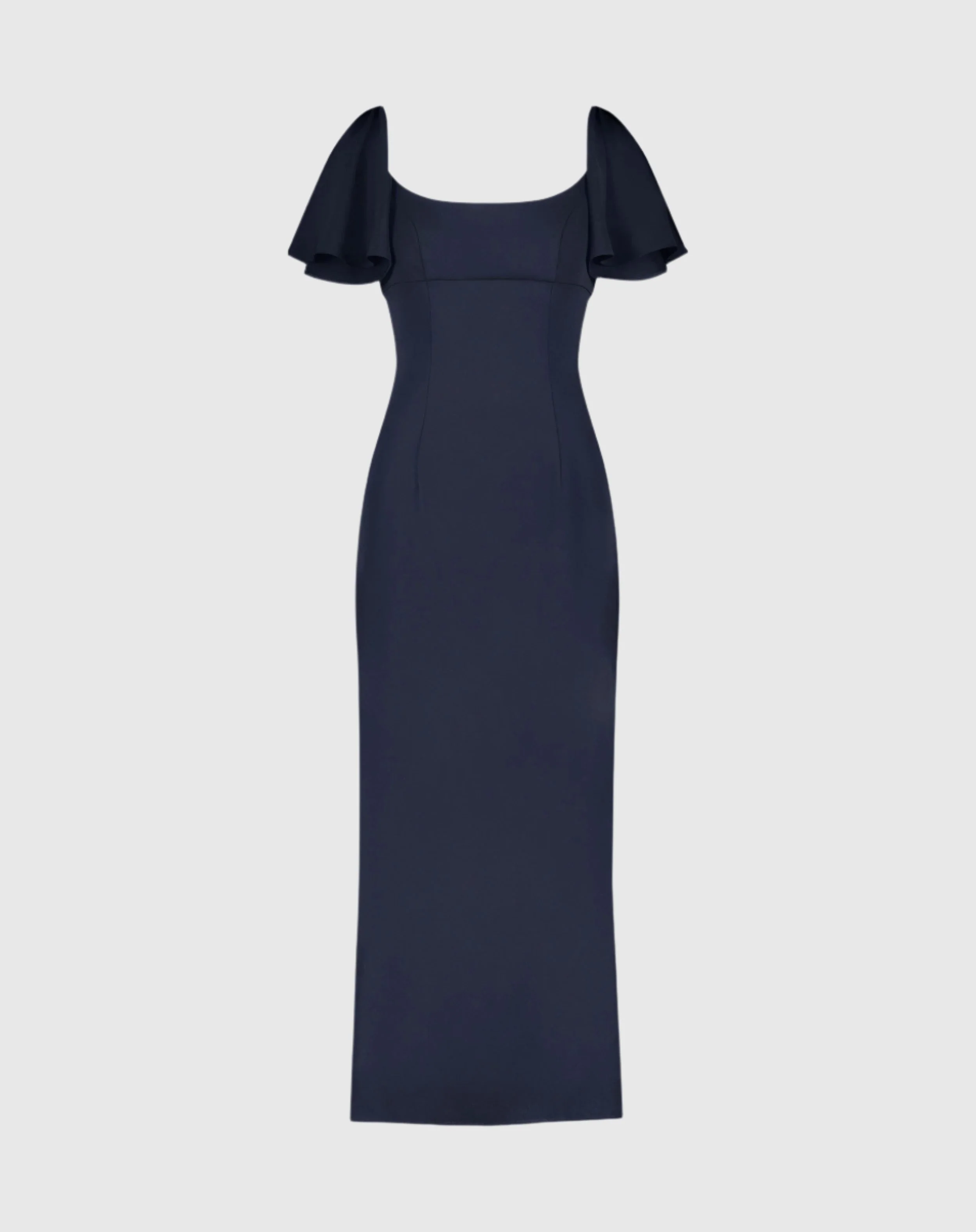 Navy Crepe Fitted Column Dress With Short Ruffle Sleeves