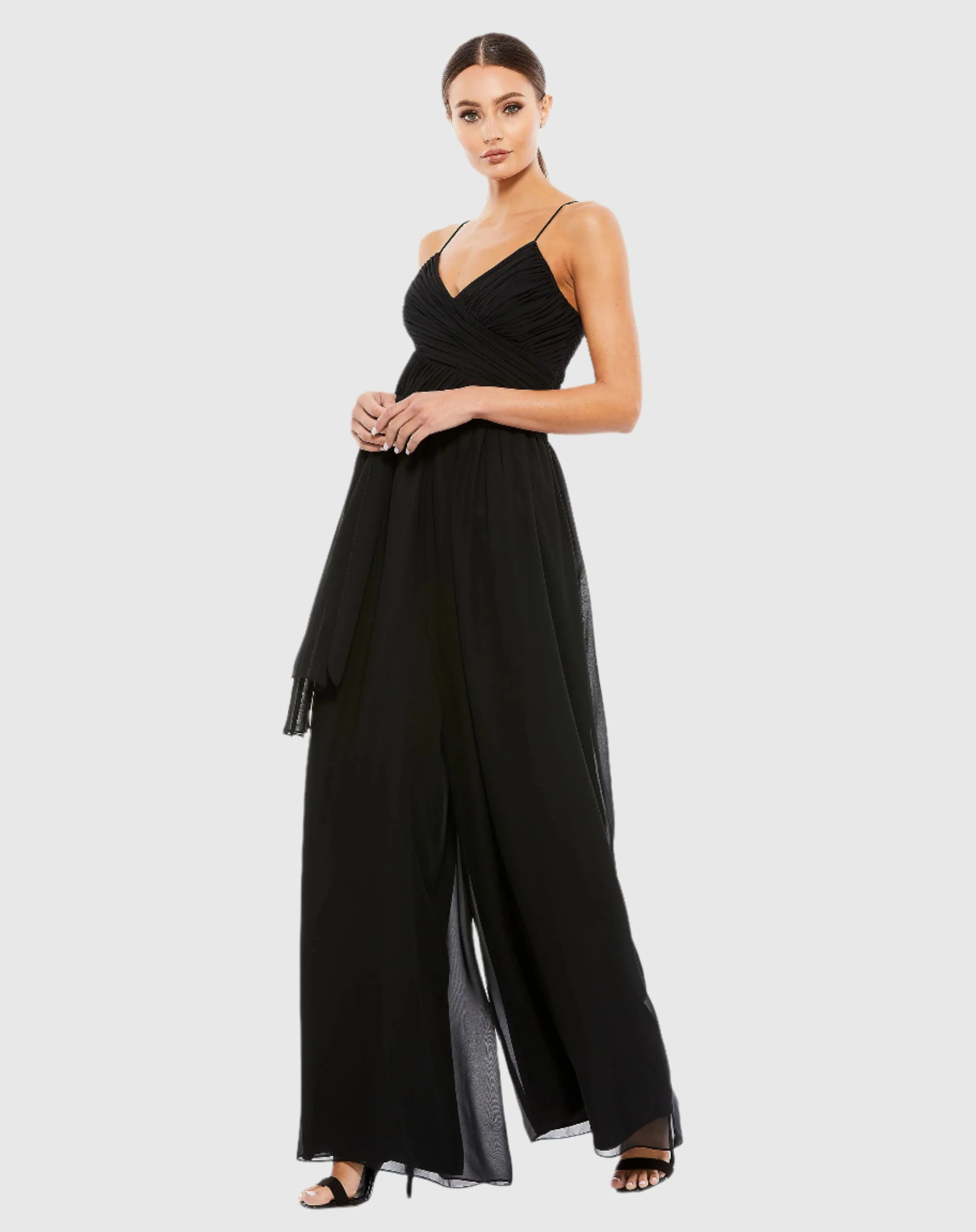 Black Flowy Faux Wrap Jumpsuit
