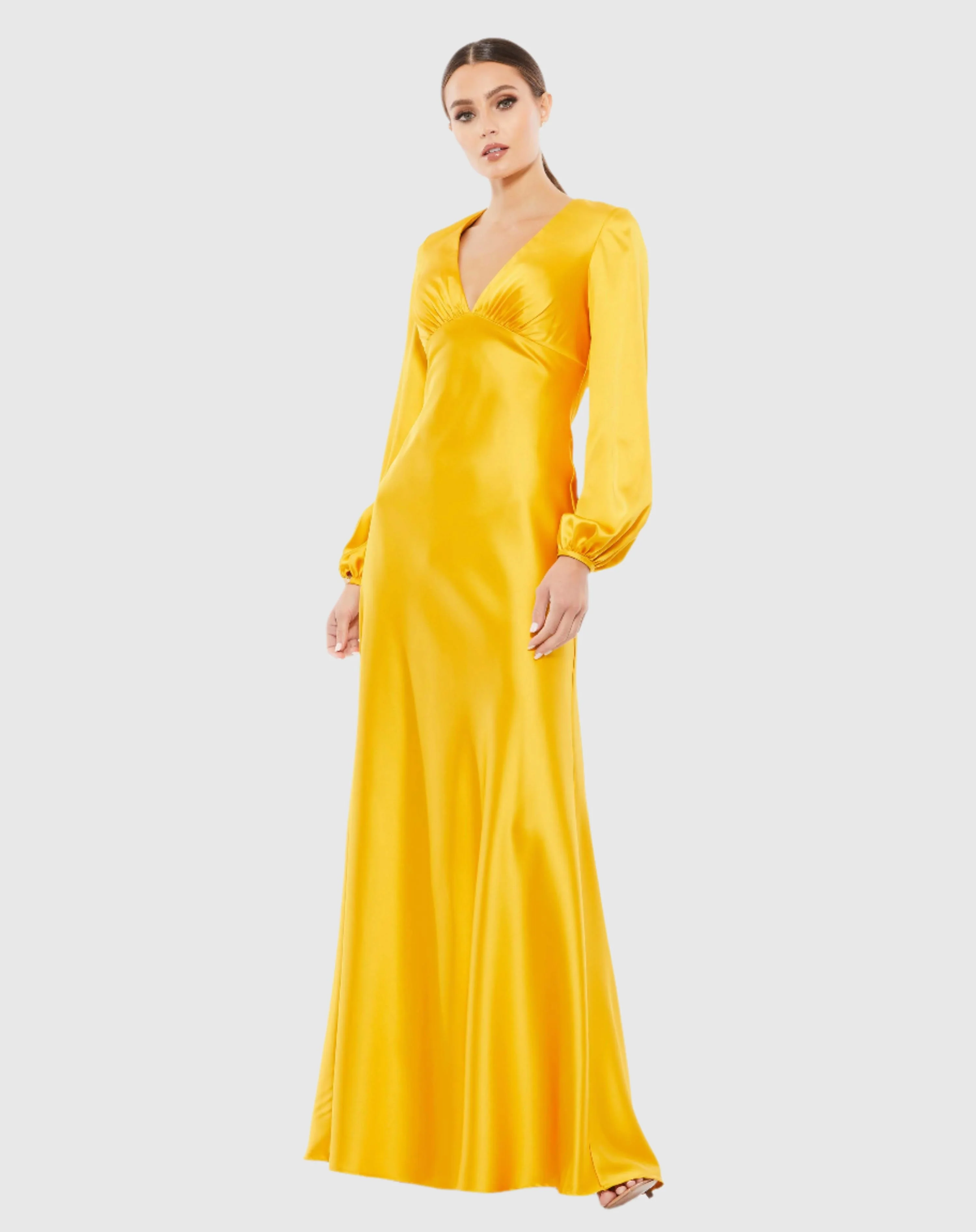 Yellow Charmeuse Empire Waist Blouson Sleeve Gown
