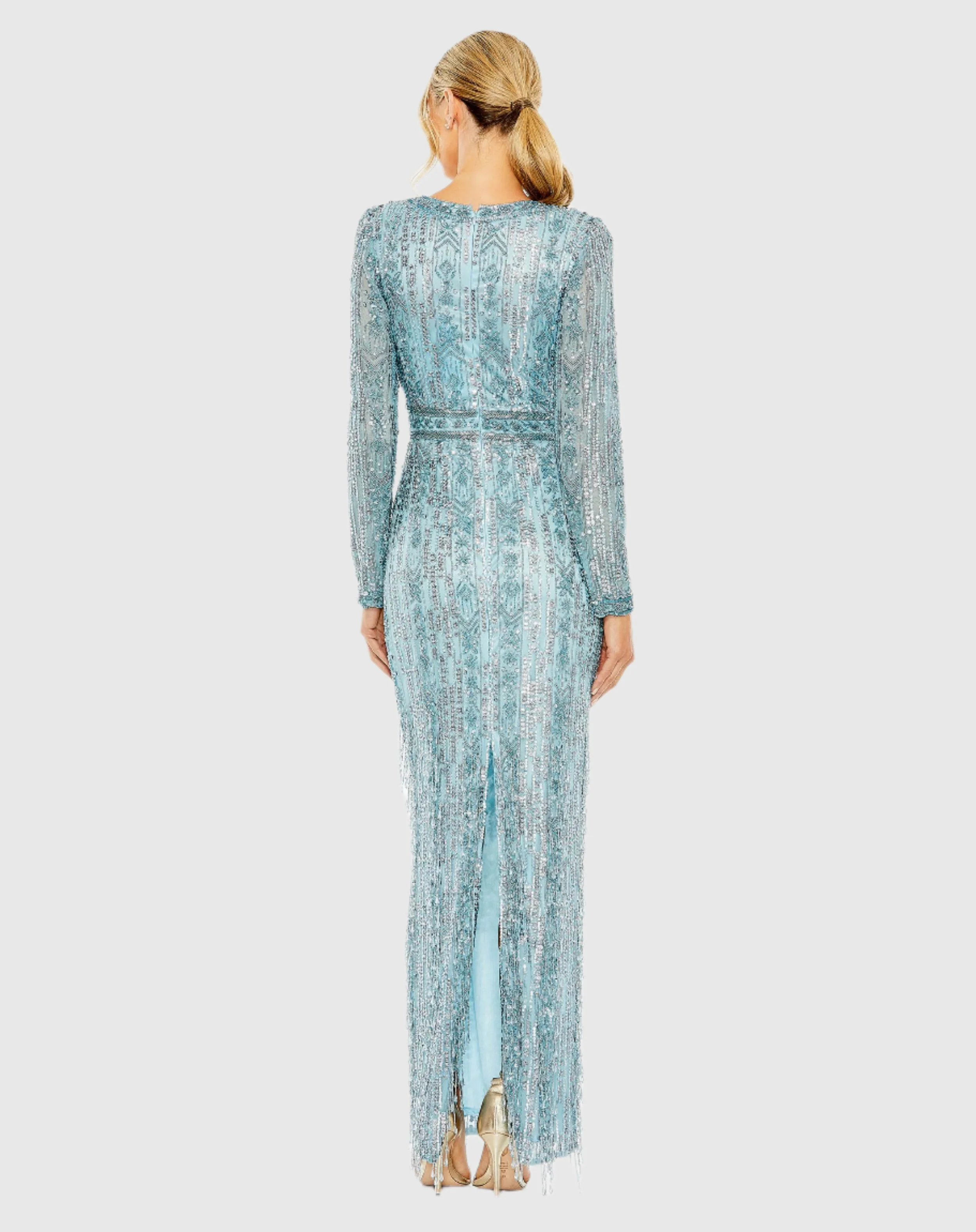 Blue High Neck Long Sleeve Crystal Fringe Column Gown