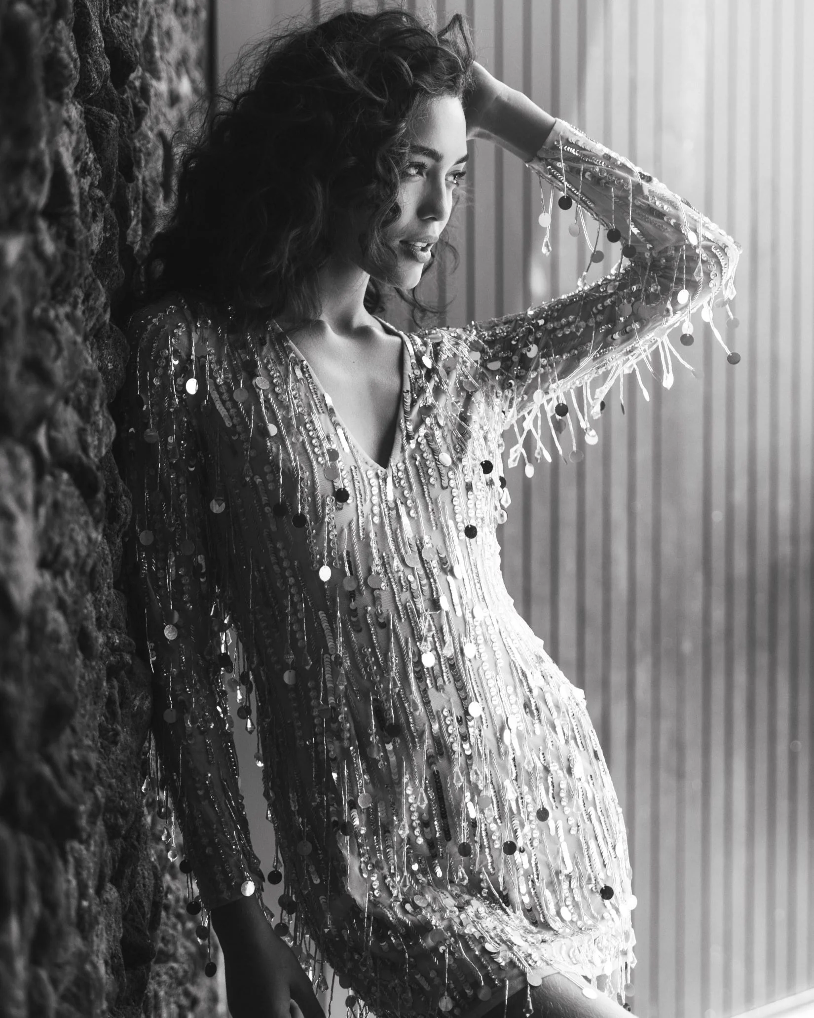 Silver Long Sleeve Beaded Fringe Plunge Neck Dress