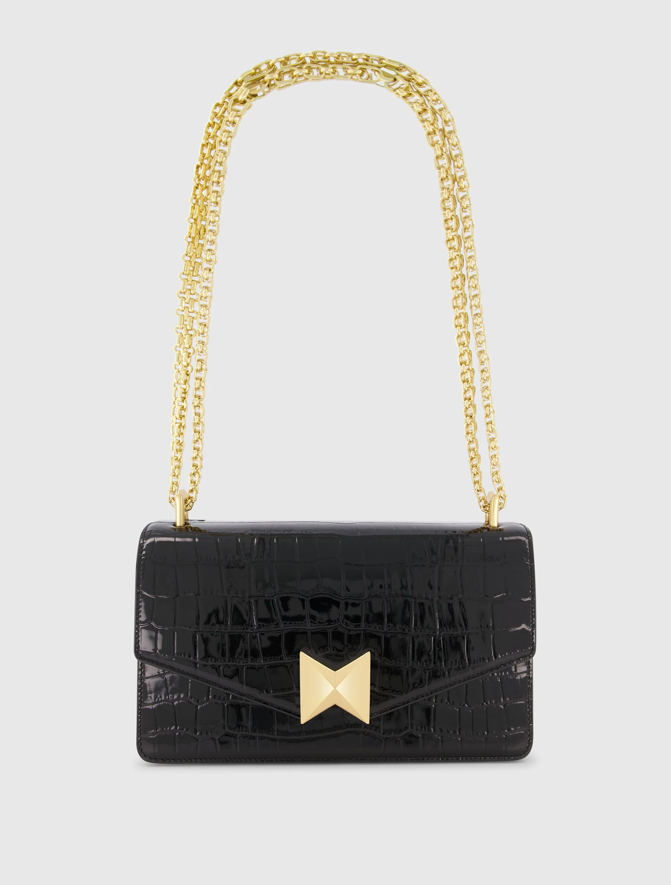 Black Crocodile Leather Shoulder Bag With Gold Hardware