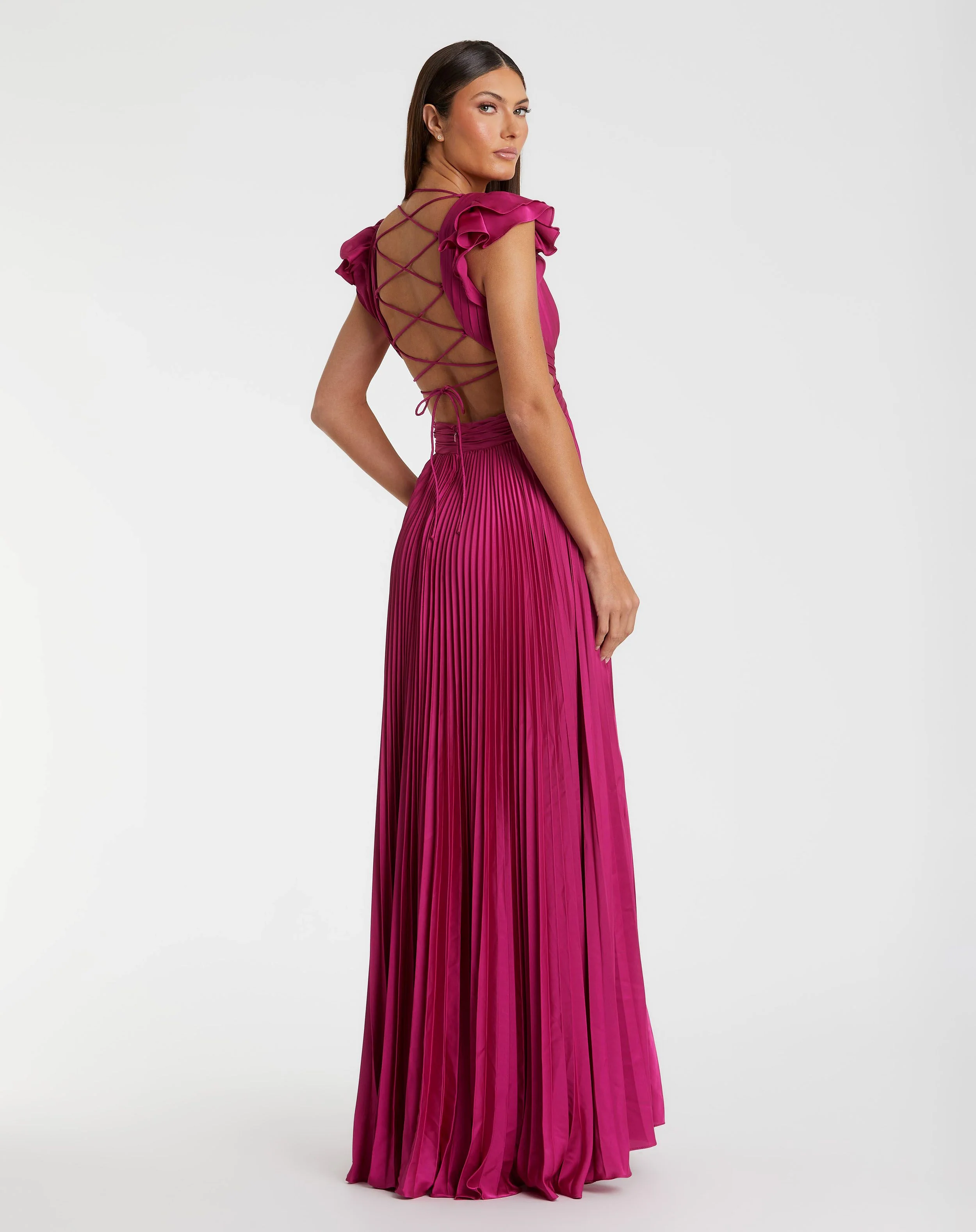 Purple Pleated Ruffled Cap Sleeve Cut Out Lace Up Gown