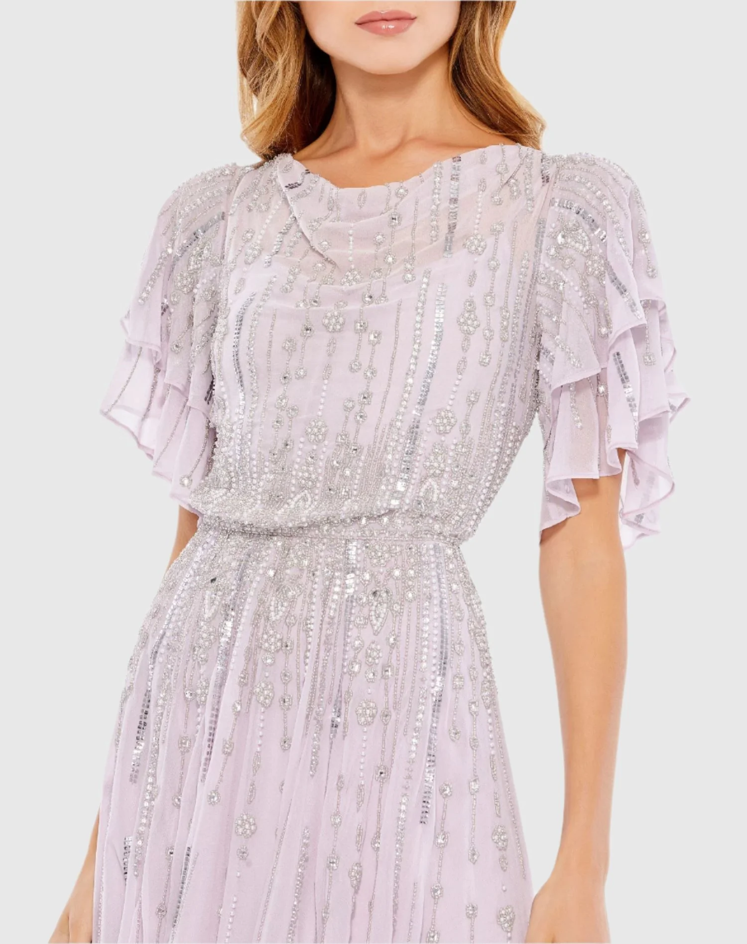 Purple High Neck Sequined Flutter Sleeve Midi Dress