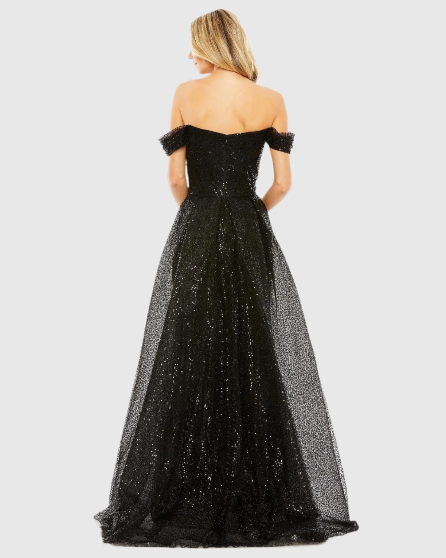 Black Off the Shoulder Sequin Panel Train Gown