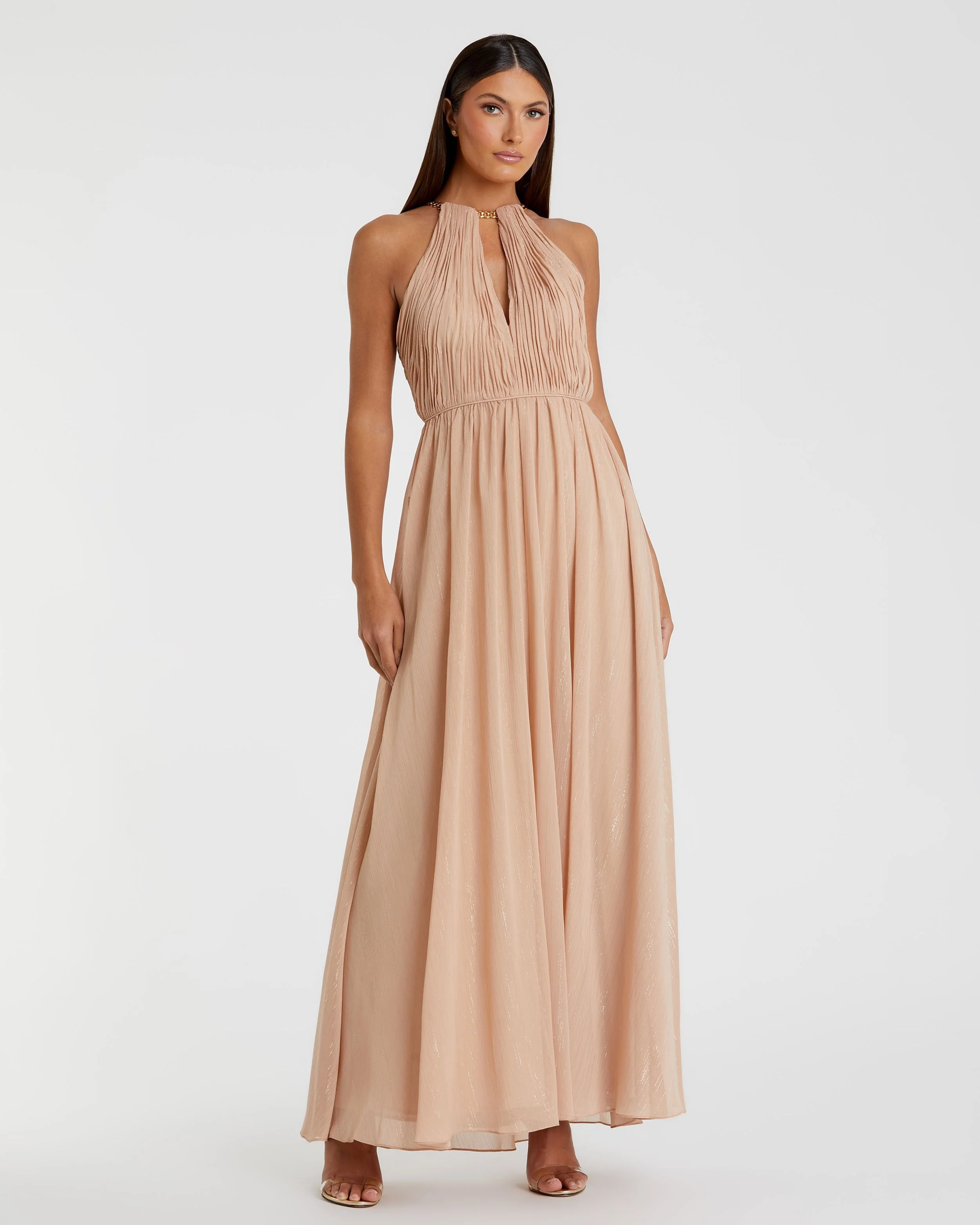 Beige Chain Trim Keyhole Halter Neck A Line Gown