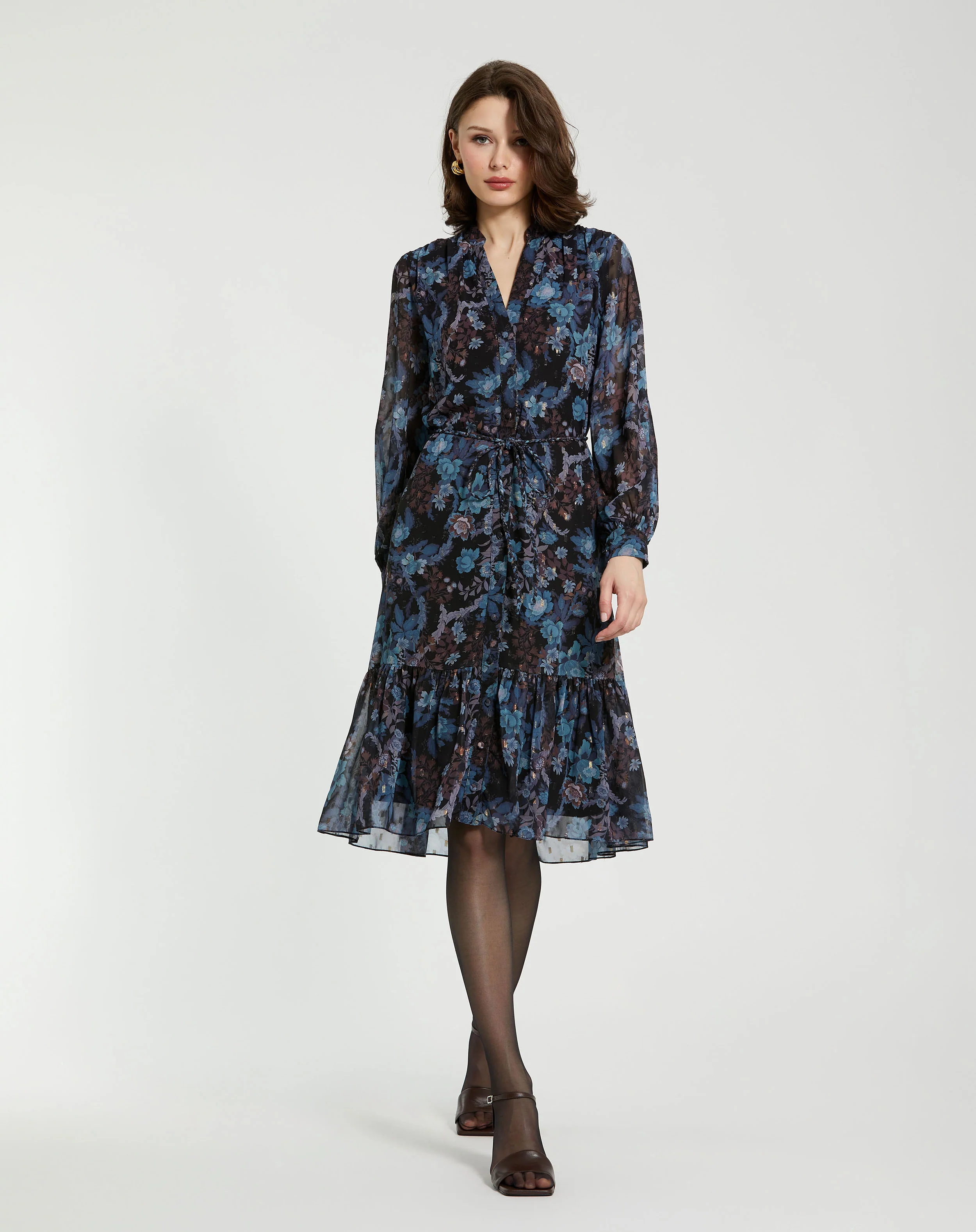 Blue Lurex Chiffon Bishop Sleeve Button Up Midi Dress