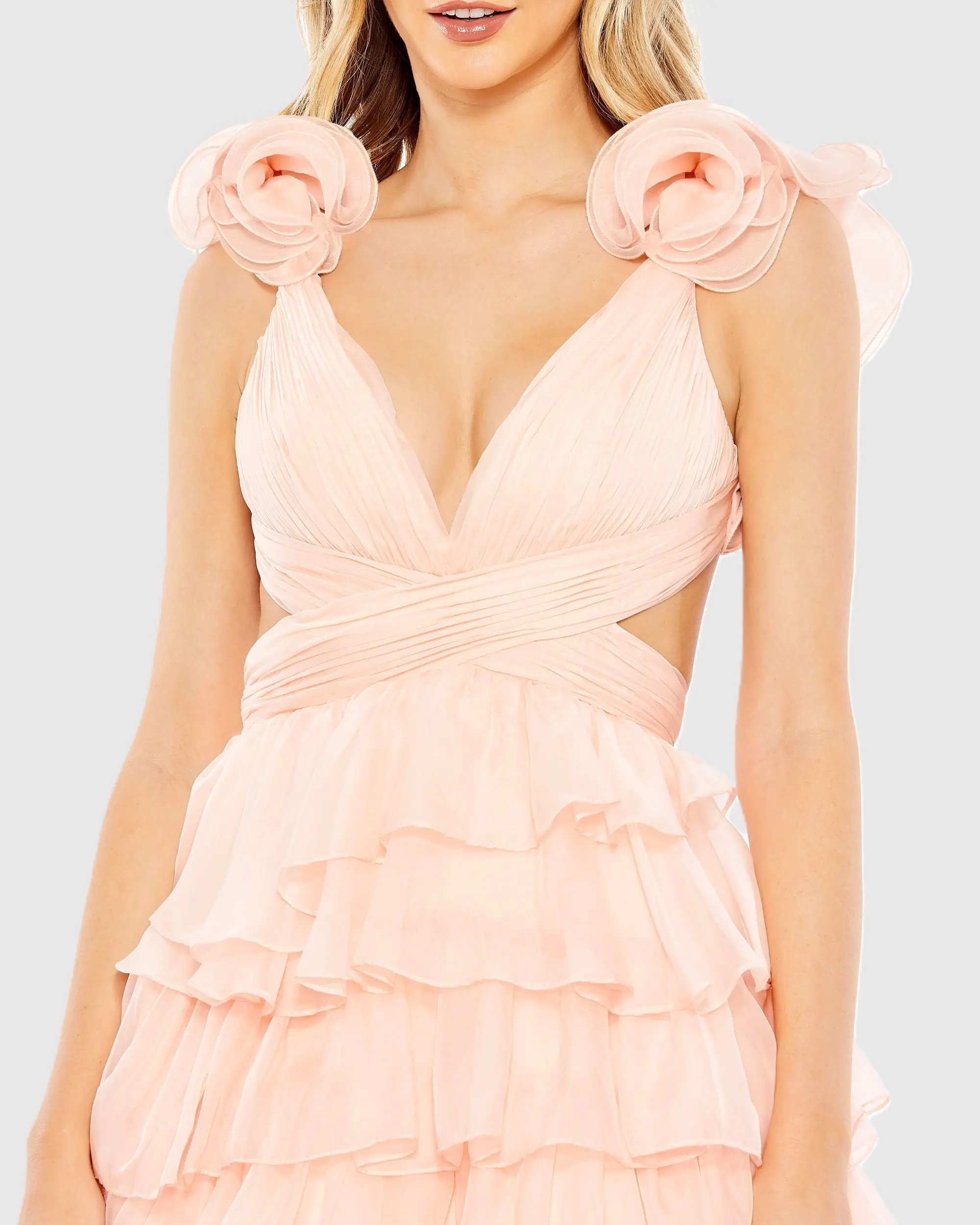 Pink Ruffled Lace Up Back Ballgown