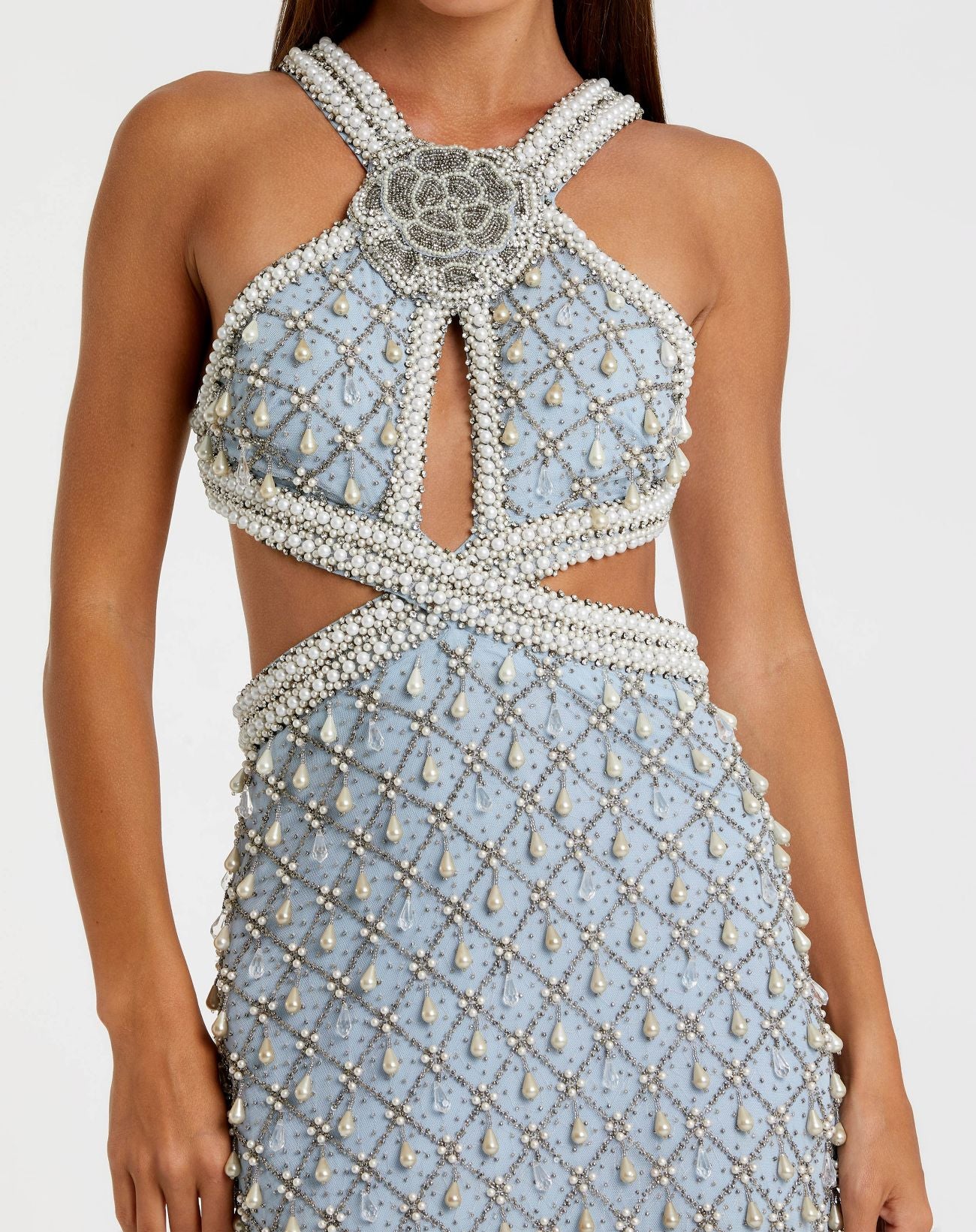 Blue Sleeveless Halter Cutout Pearl Embellished Gown