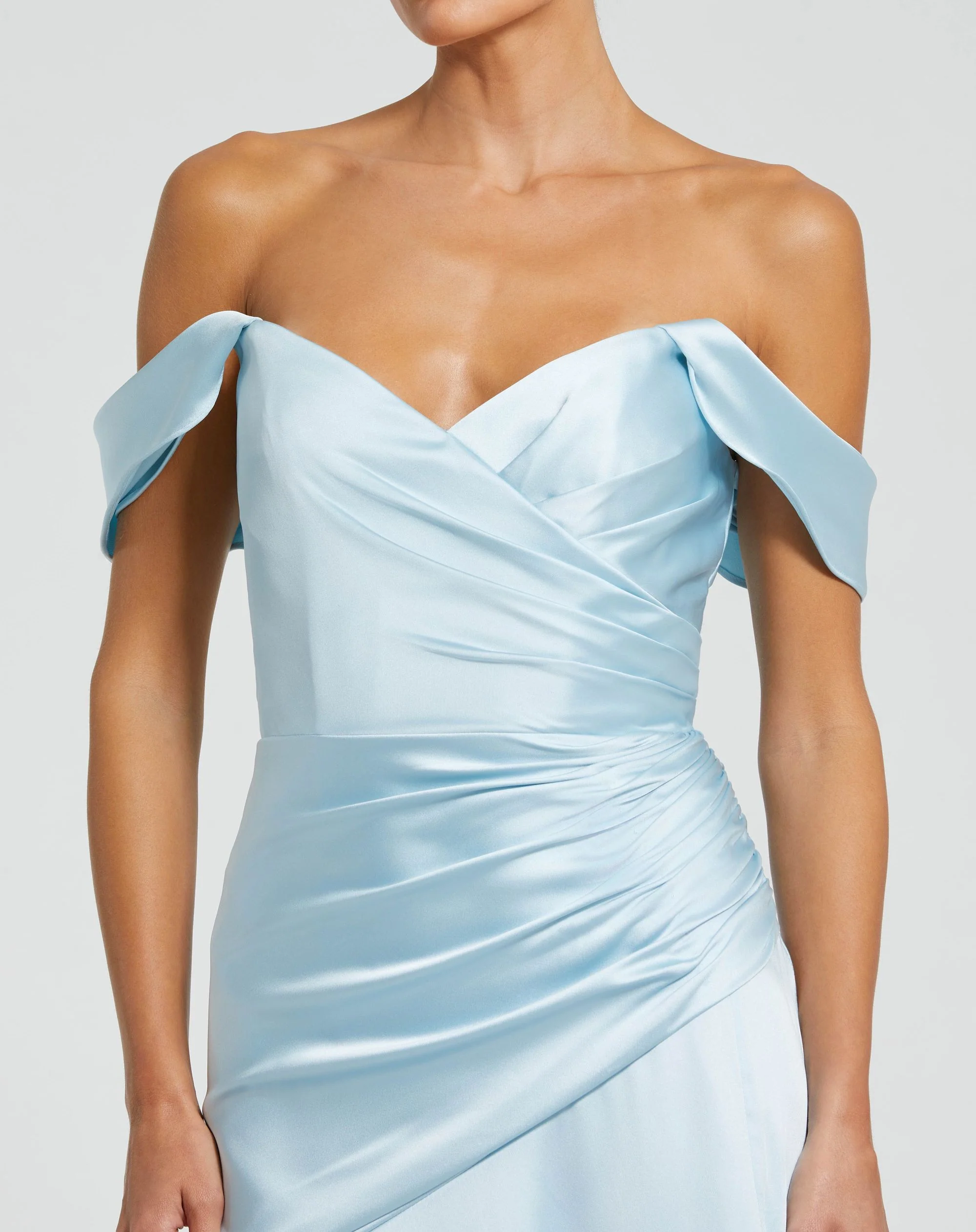 Blue Hard Satin Off The Shoulder Crossover Gown