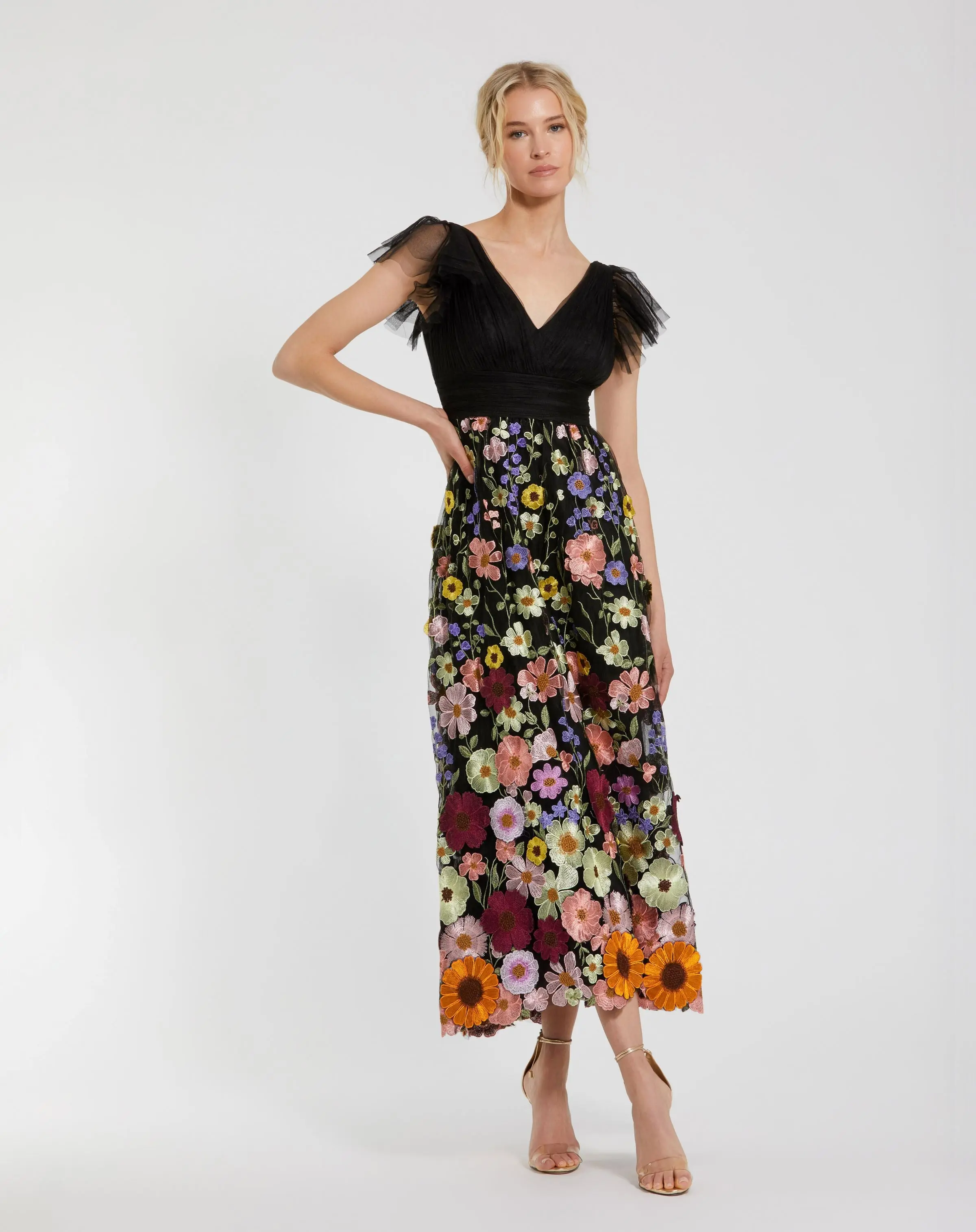 Black Embroidered Ruched Flutter Sleeve A Line Dress