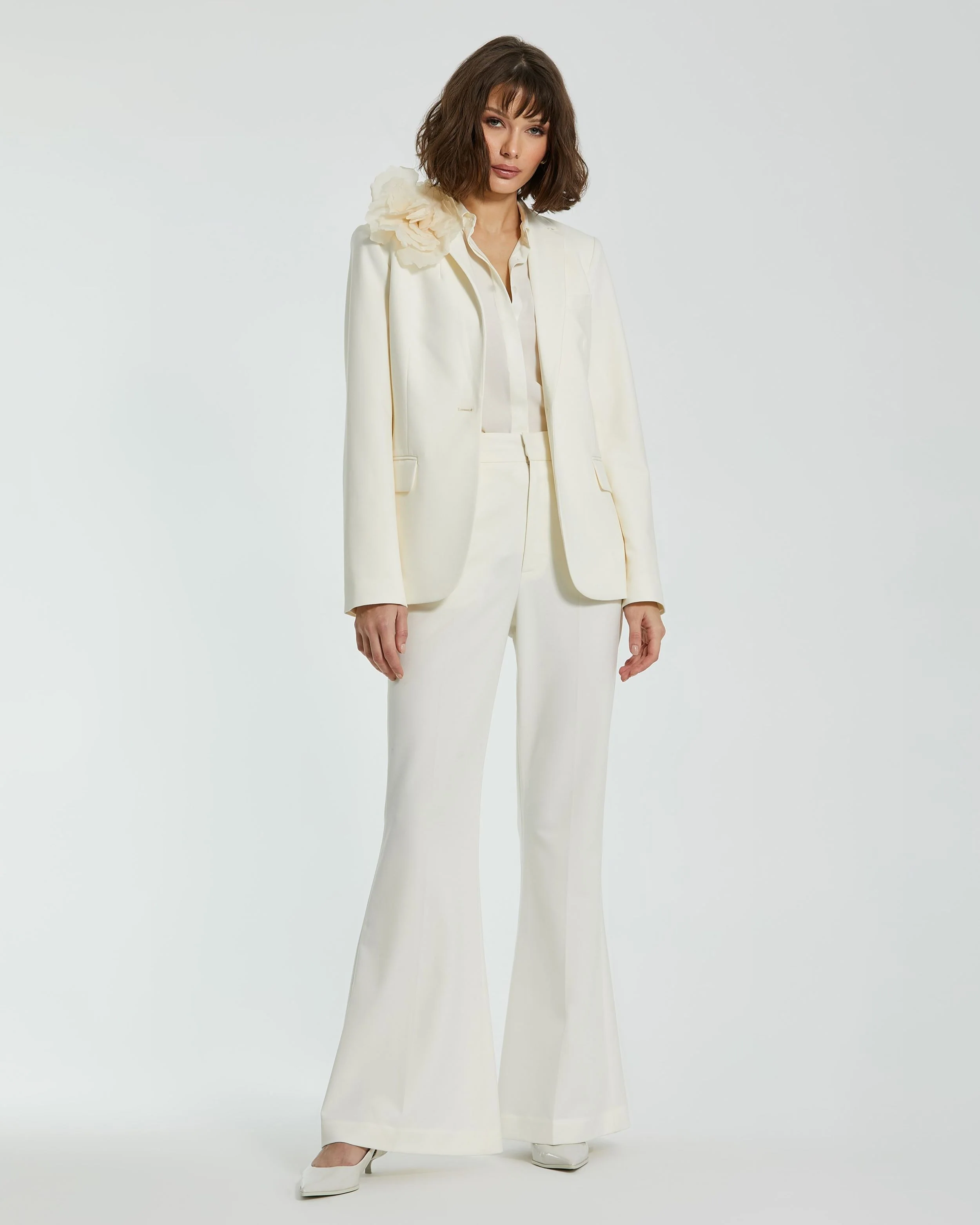 Ivory Classic Crepe Blazer Jacket With Flower - FINAL SALE