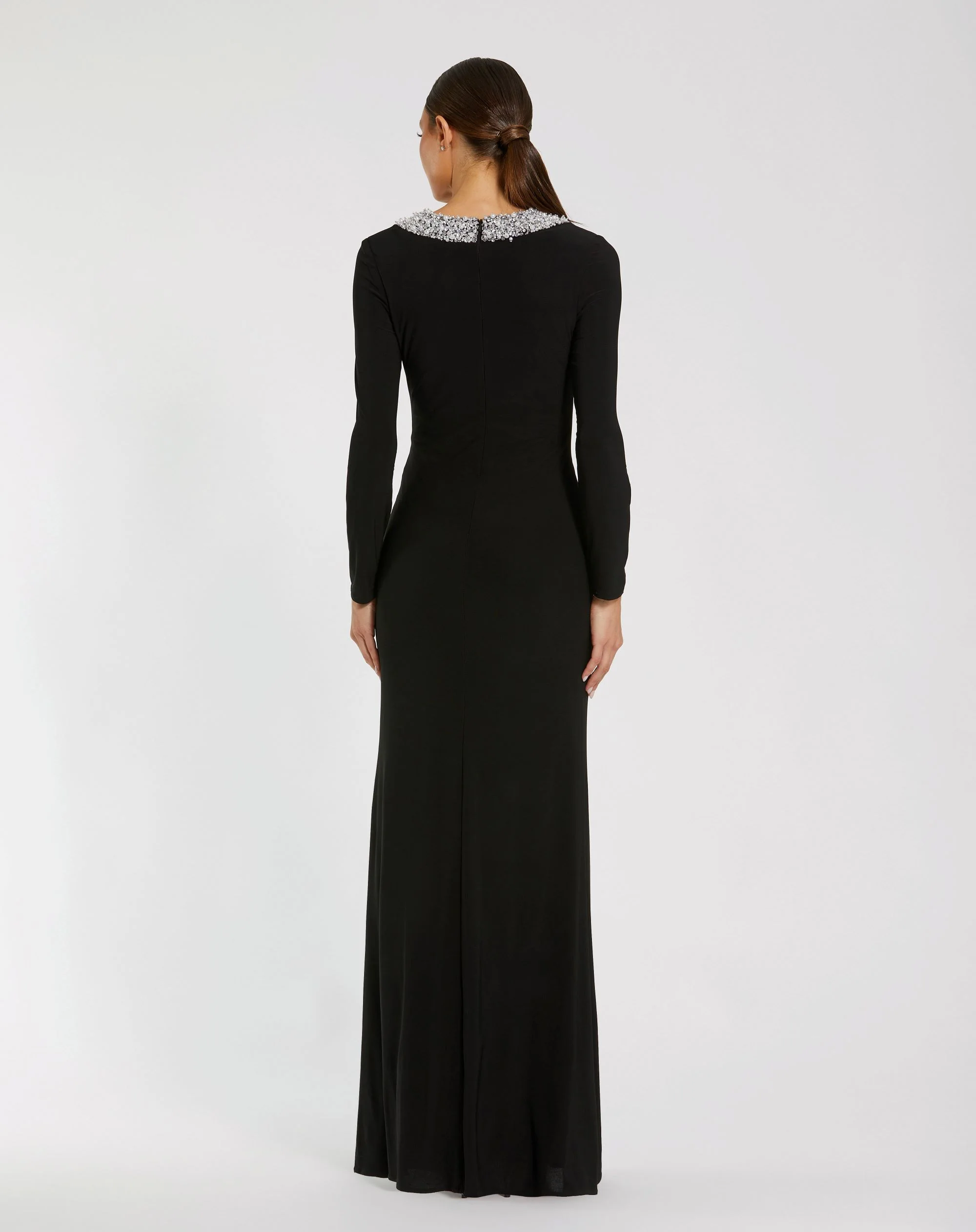 Black Jersey Long Sleeve Fitted Gown With Beaded Neck