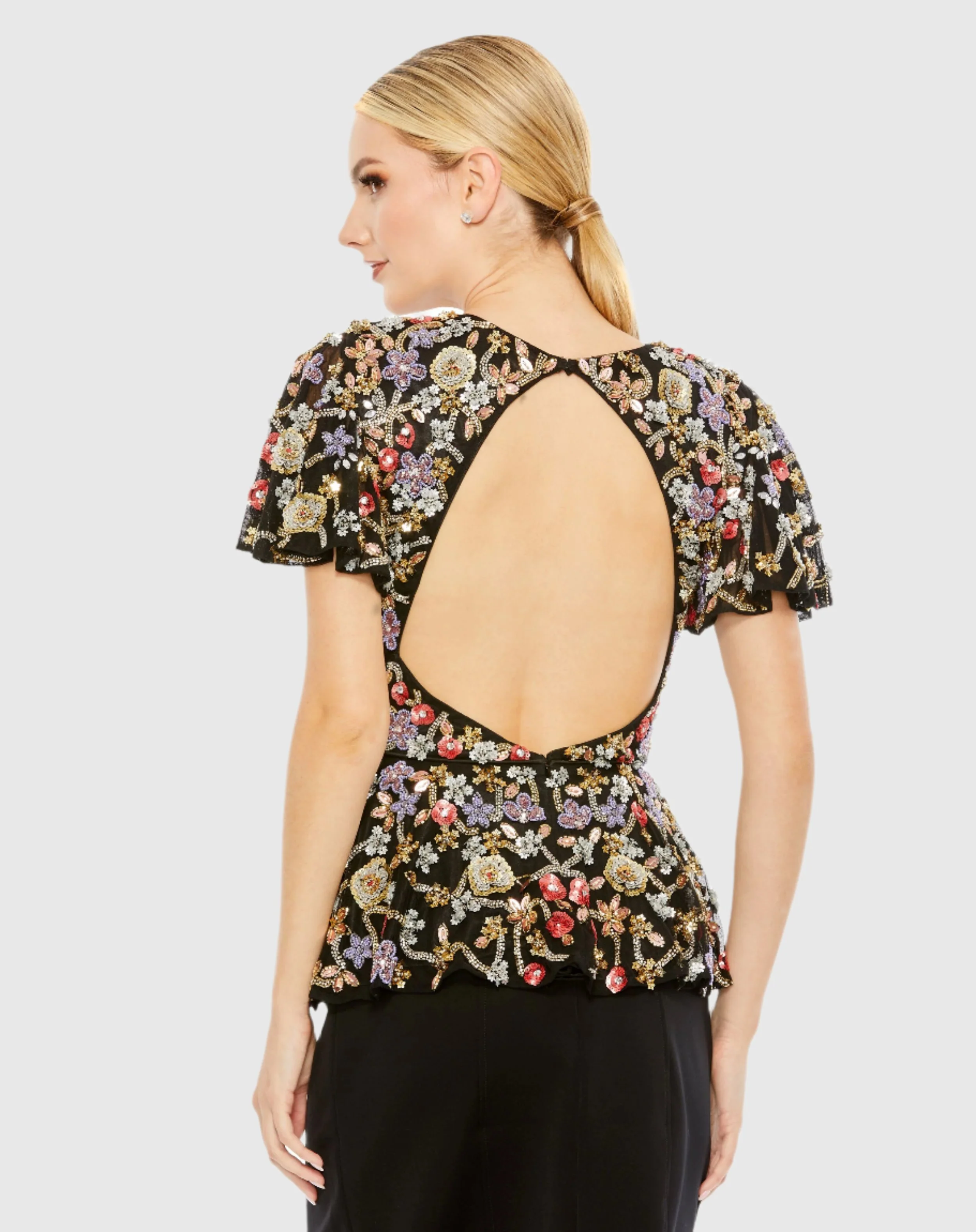 Floral Embellished Butterfly Sleeve Peplum Top - FINAL SALE