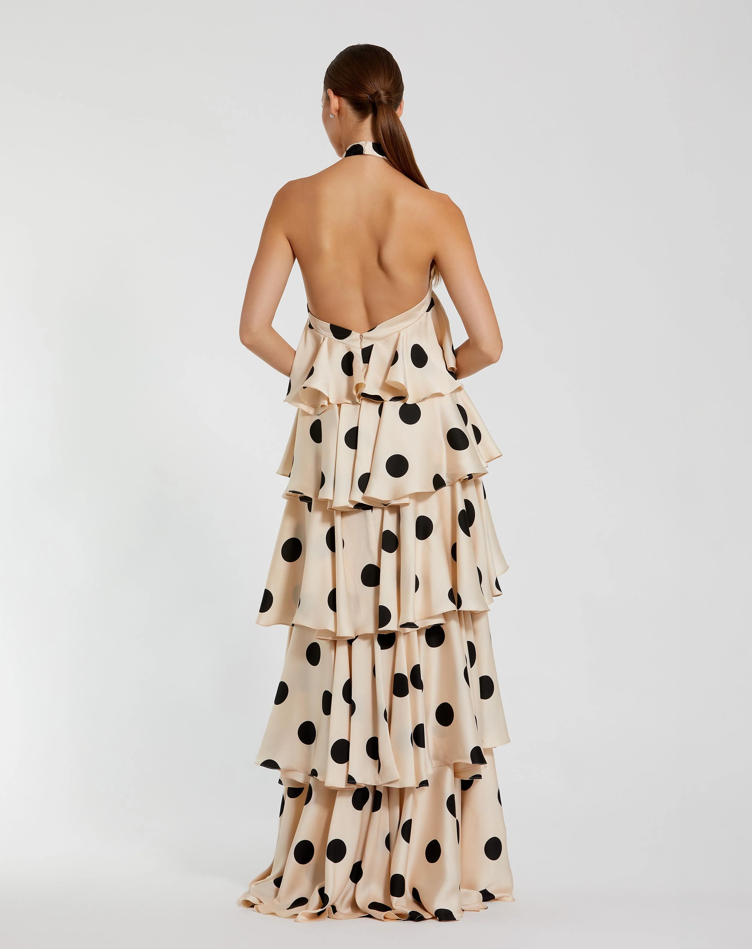 Beige Tiered Ruffle Polka Dot Charmeuse Gown