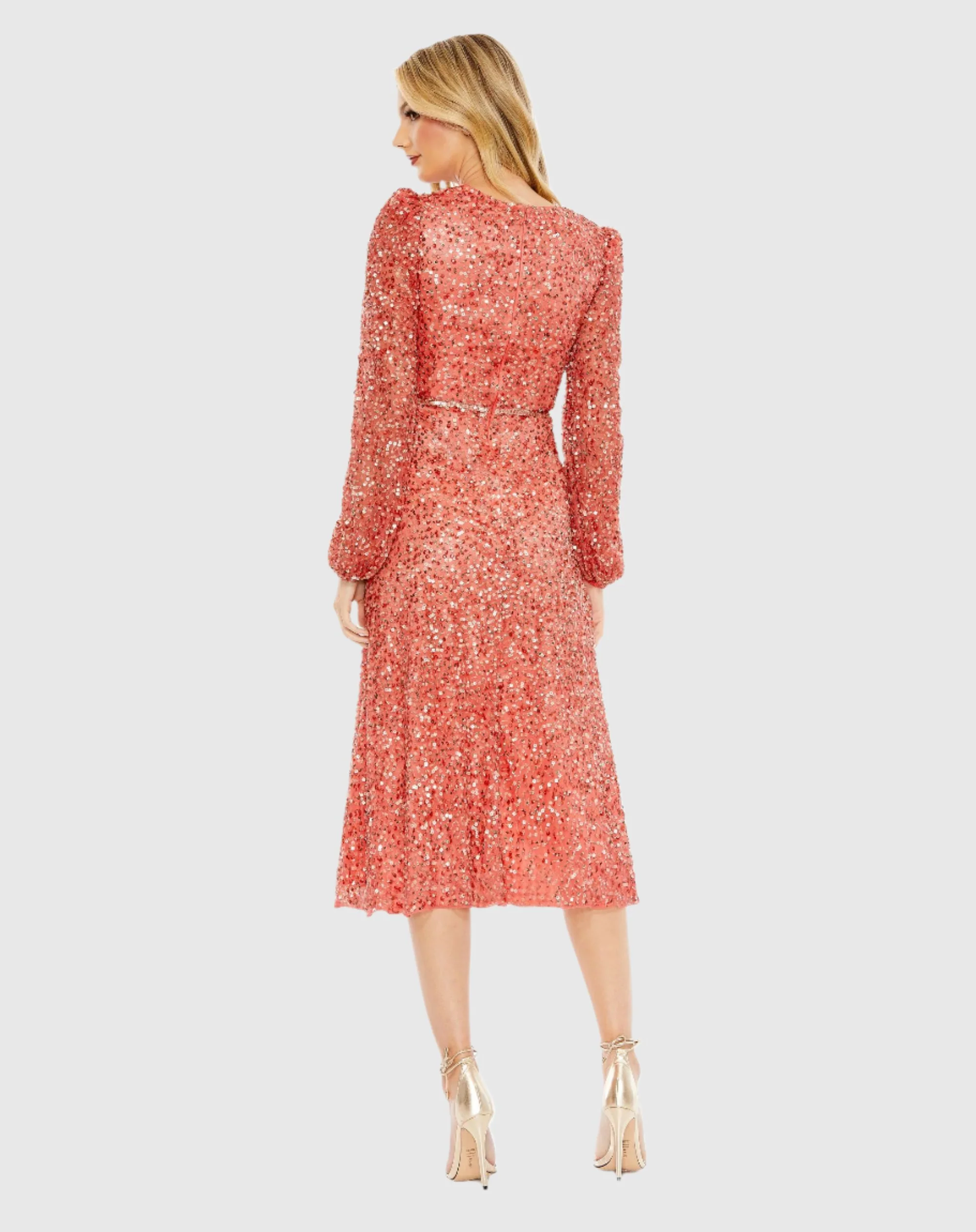 Sequined Puff Sleeve Wrap Over A Line Dress