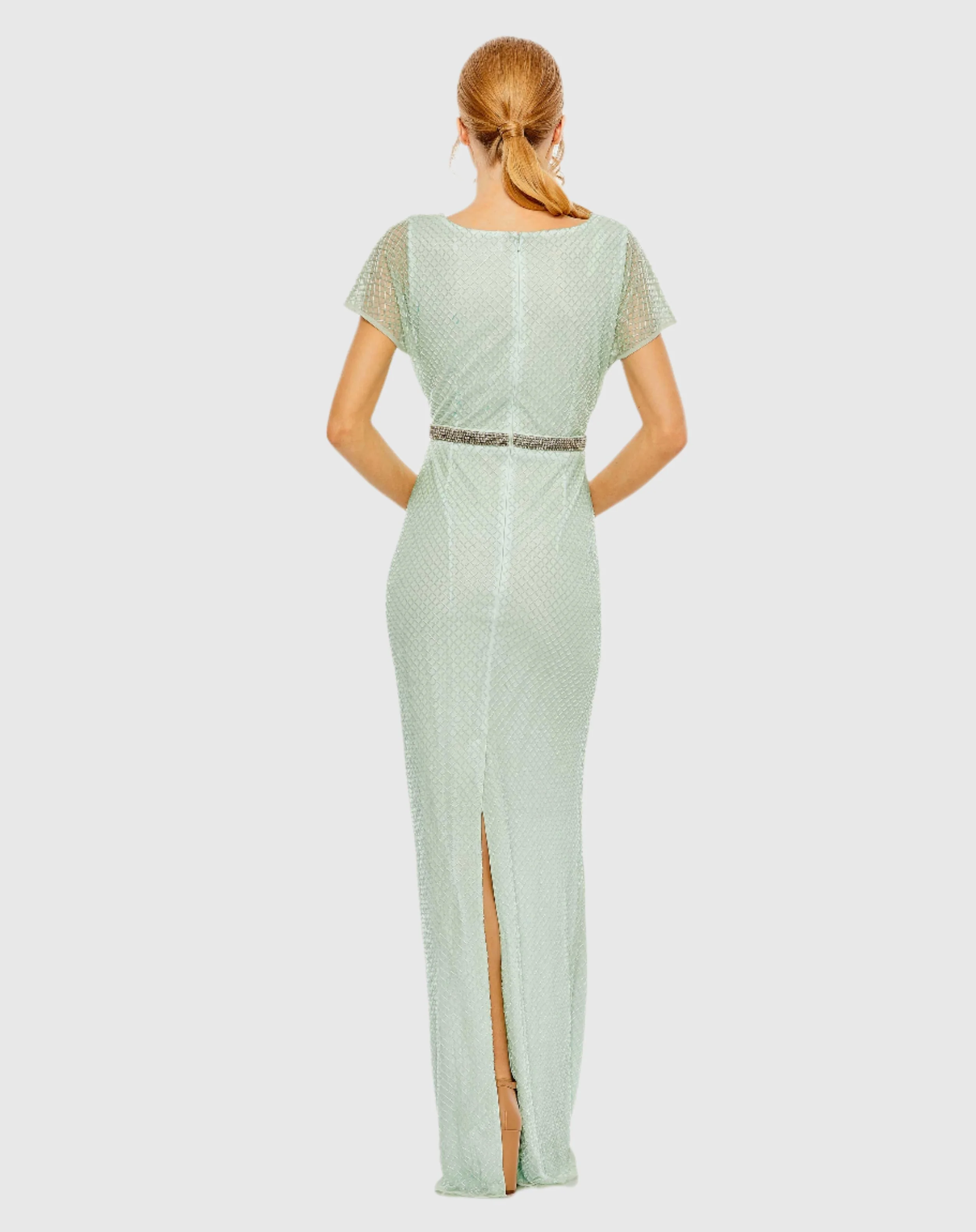 Green Short Sleeve Beaded V-Neck Gown