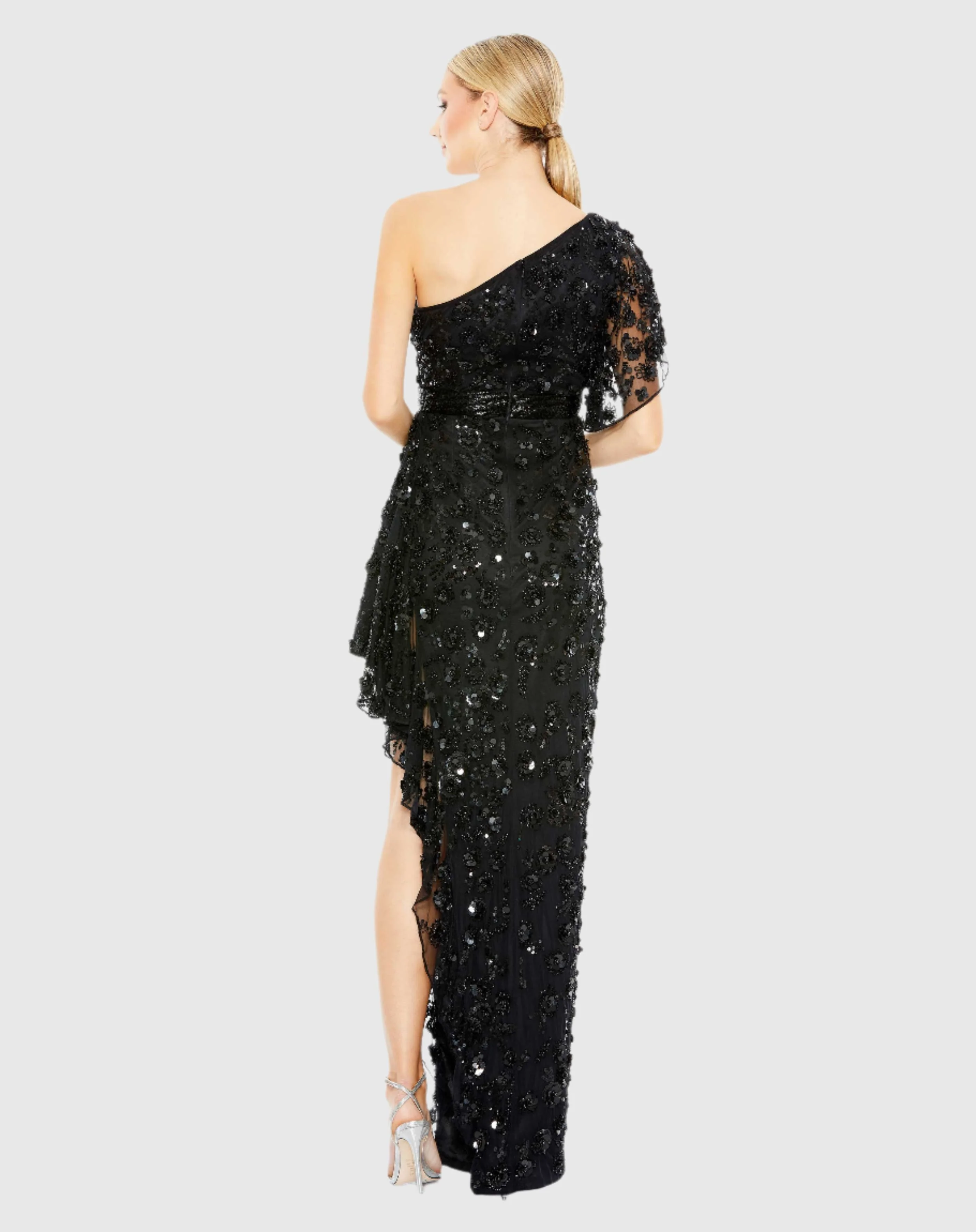 Black One Shoulder Beaded Embellished Gown with Asymmetrical Hem