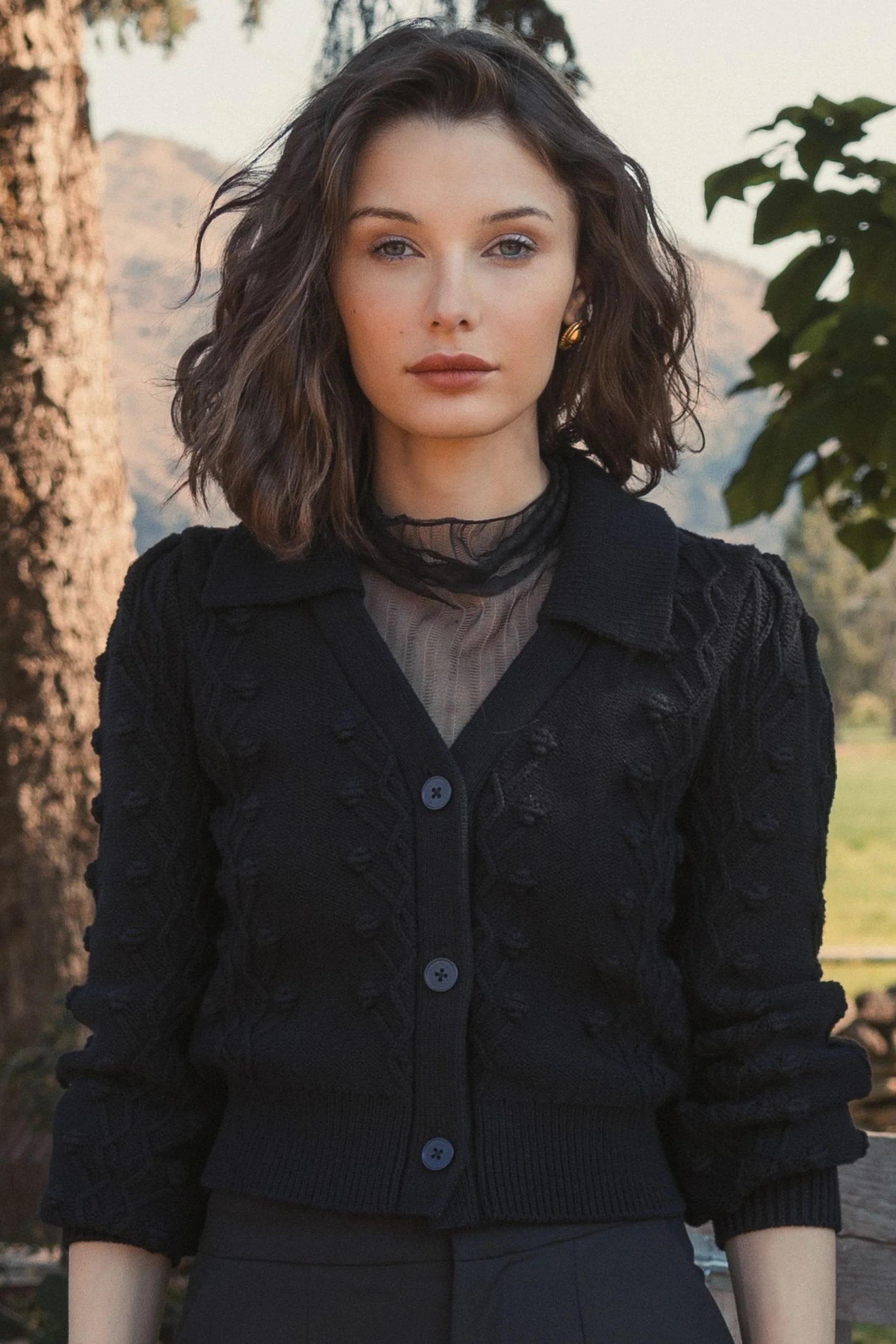 Cropped Bobble Cable Knit Button Up Cardigan Sweater