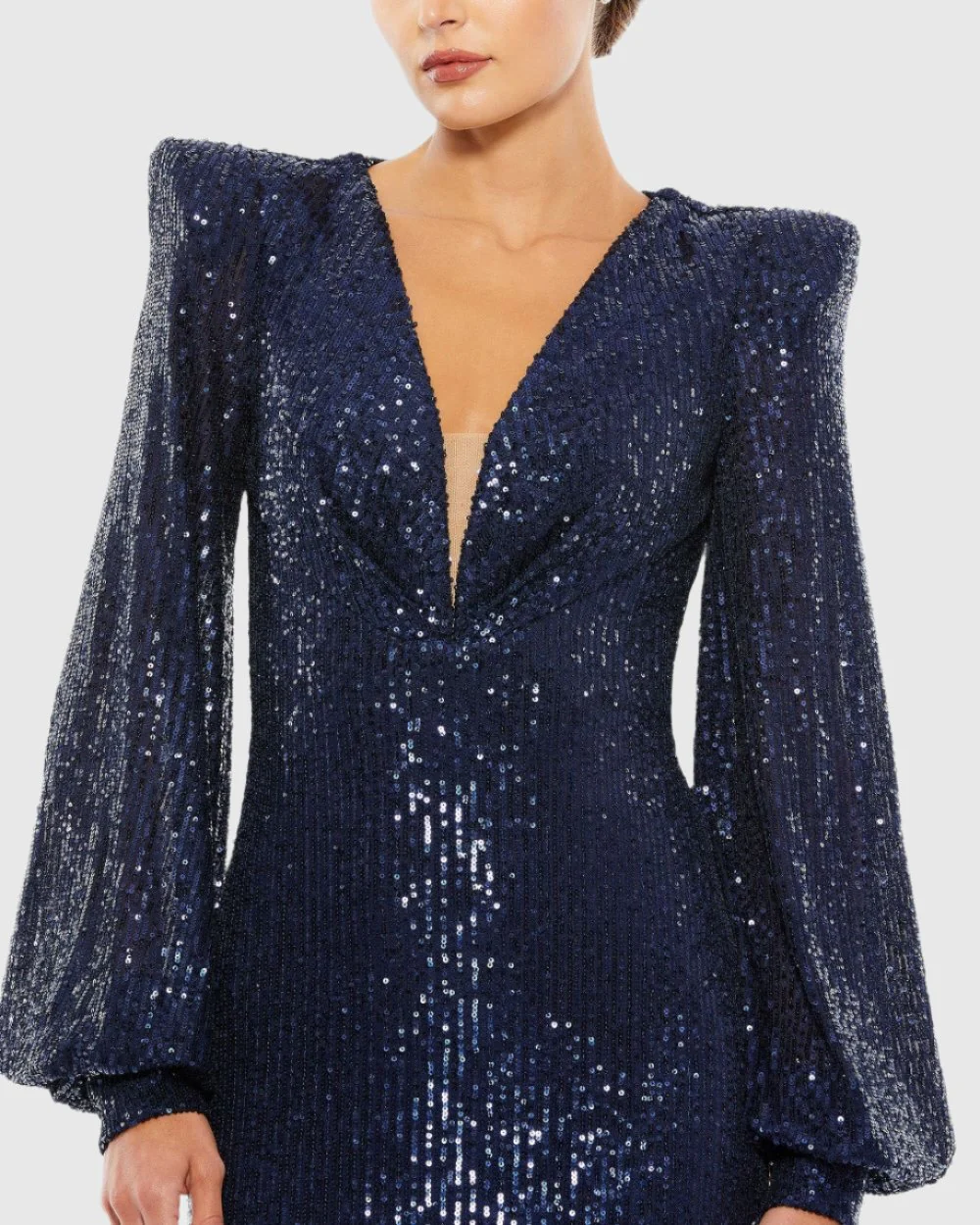 Blue Sequined Plunge Neck Structured Bishop Sleeve Gown