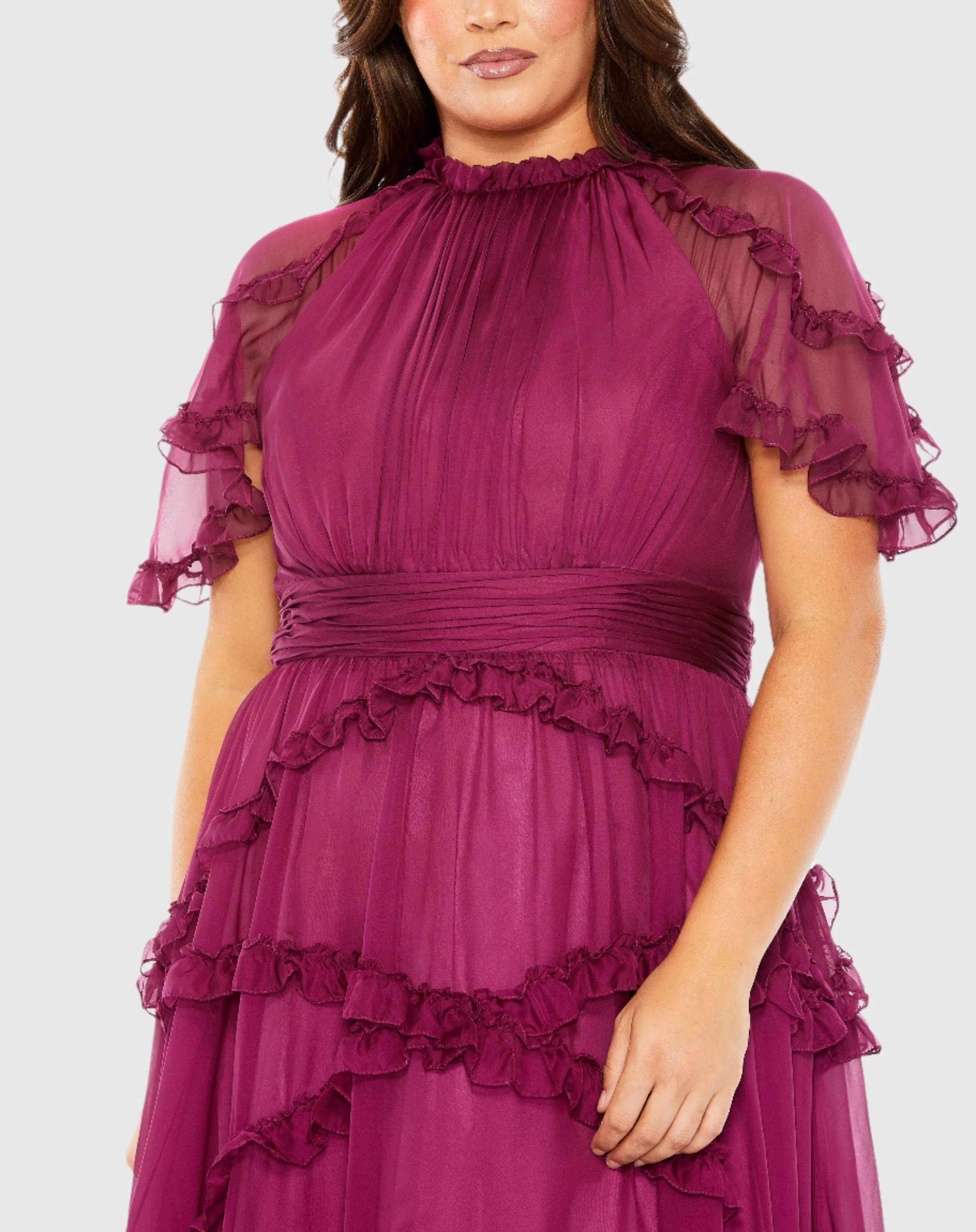 Purple High Neck Ruffle Tiered Flutter Sleeve Gown