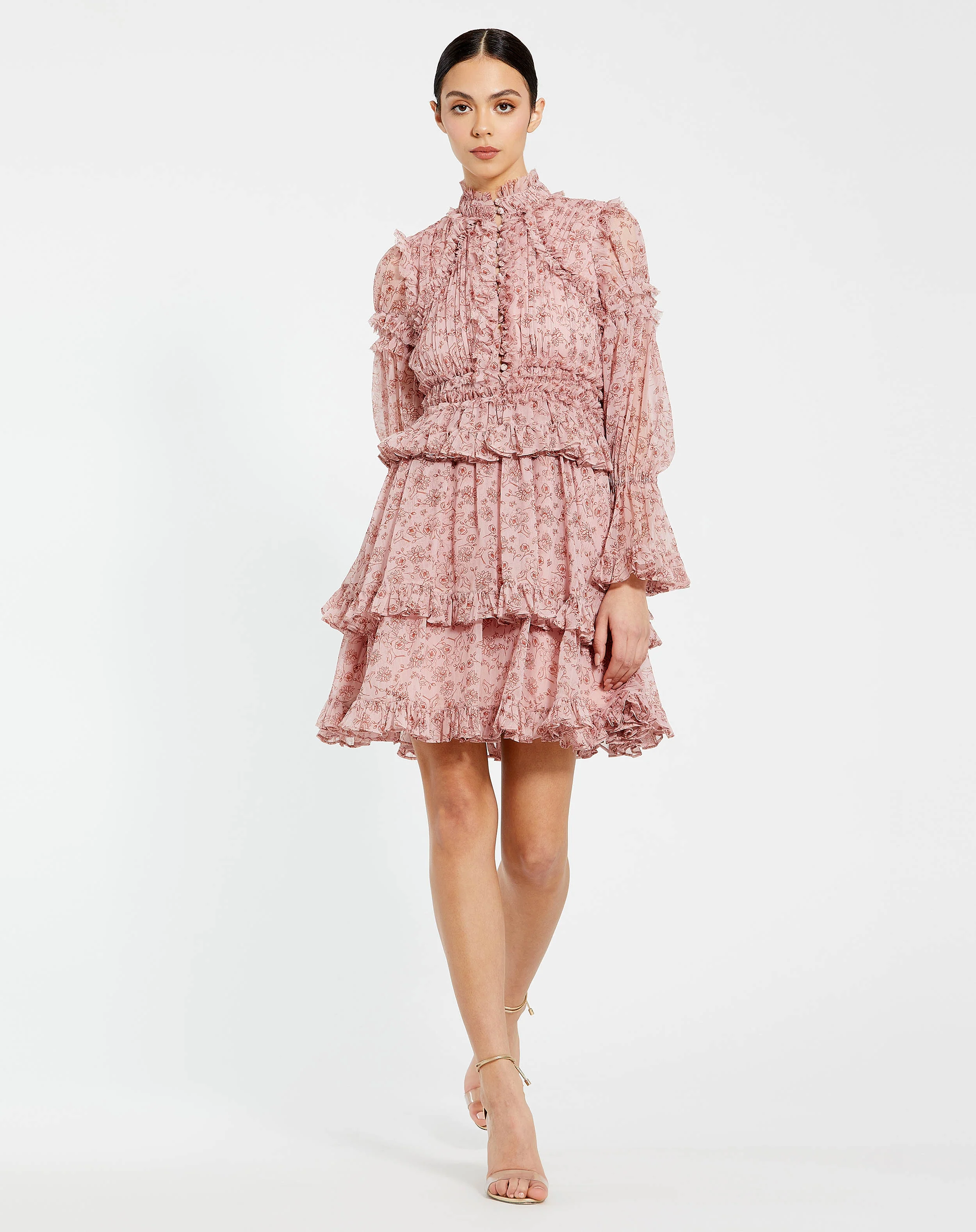 Pink Long Sleeve Open Front High Neck Ruffle Mini Dress