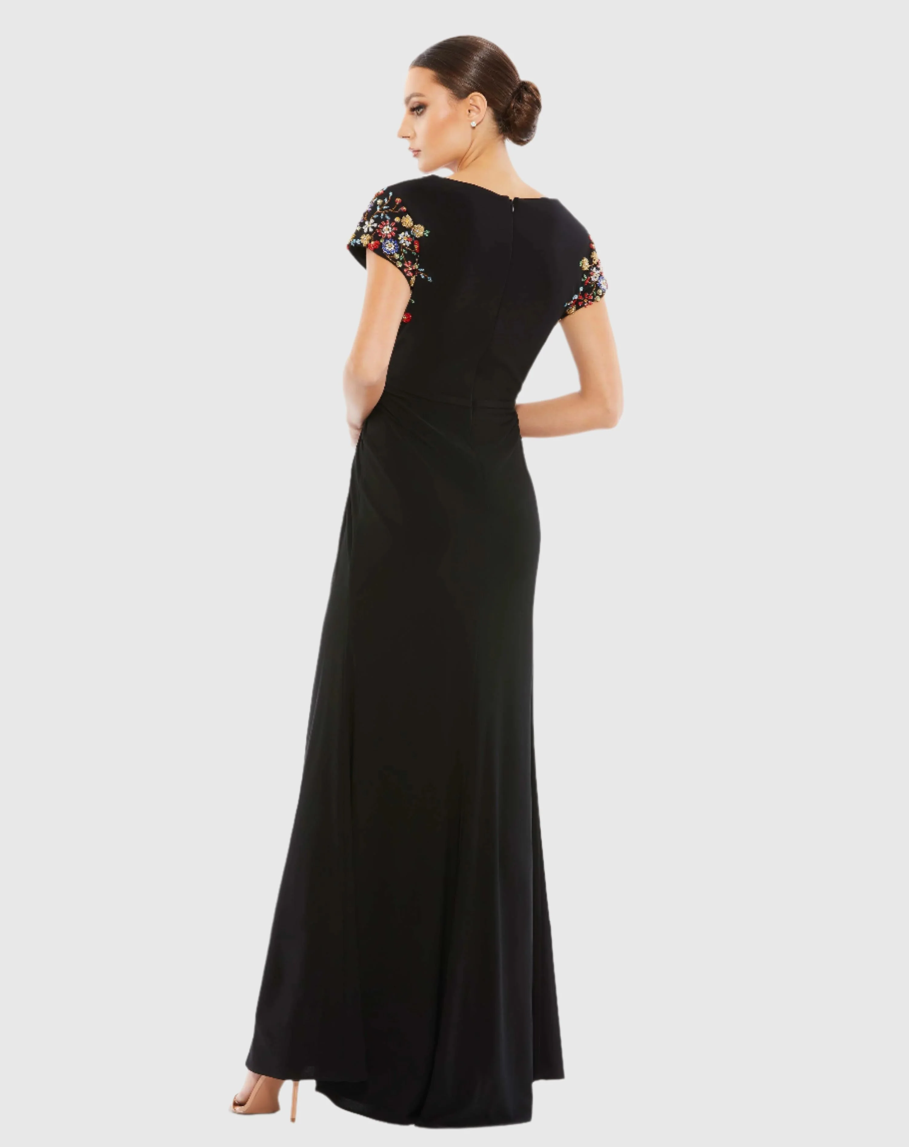 Embellished Sleeve Jersey Wrap Gown