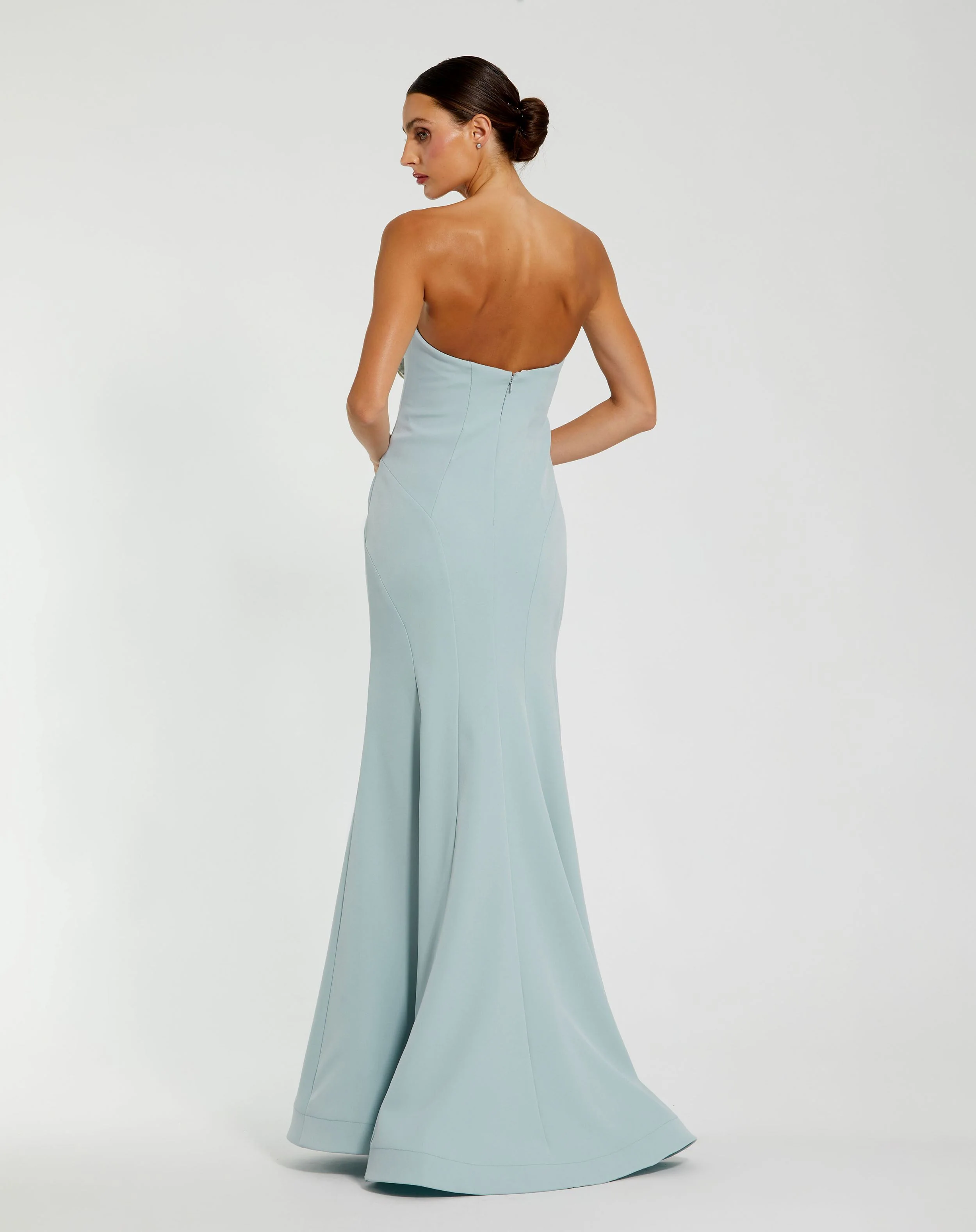 Blue Crepe Strapless Gown With 3D Rhinestone Flower