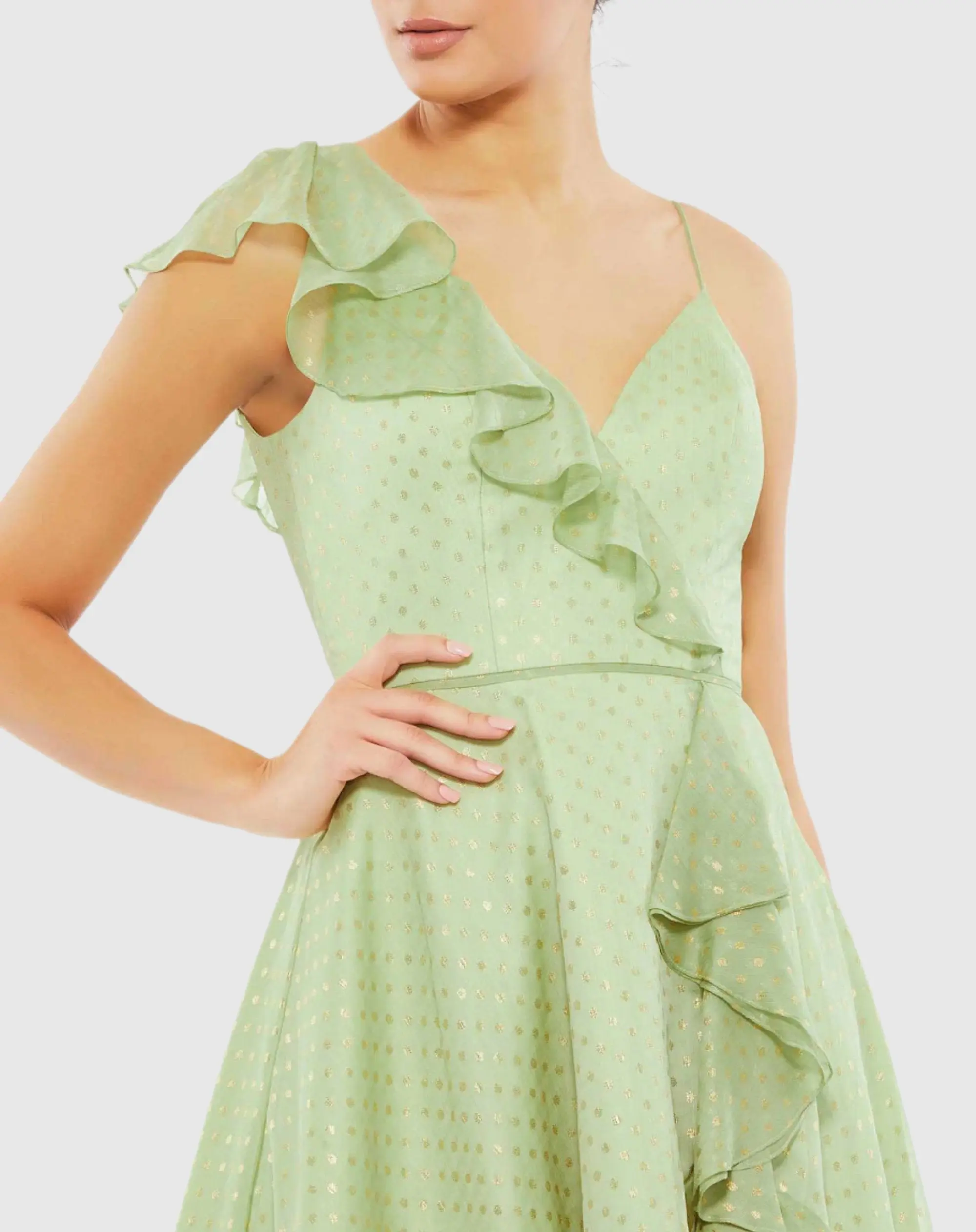 Green Ruffled Faux Wrap Polka Dot Midi Dress