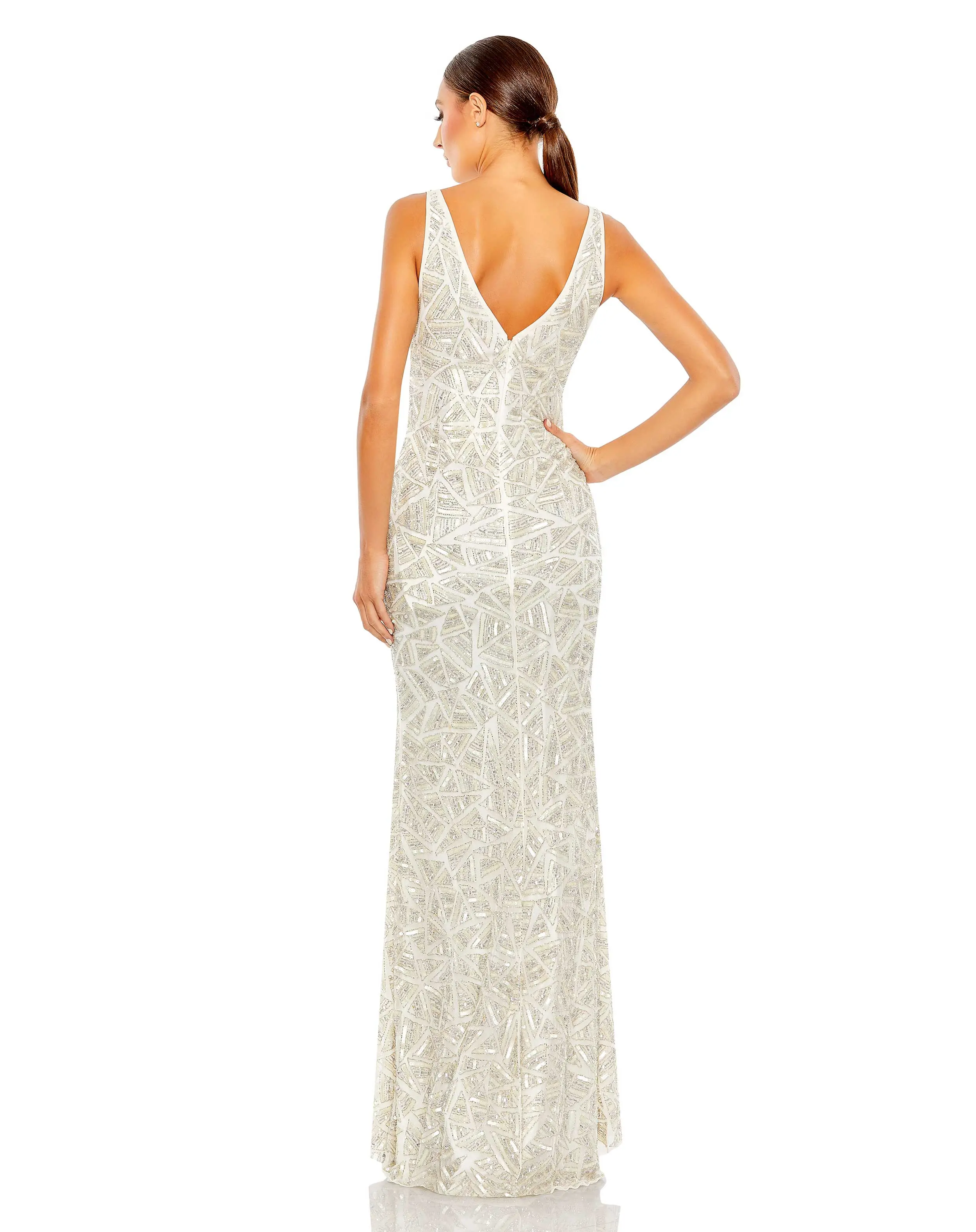 White Sleeveless V Neck Embellished Gown