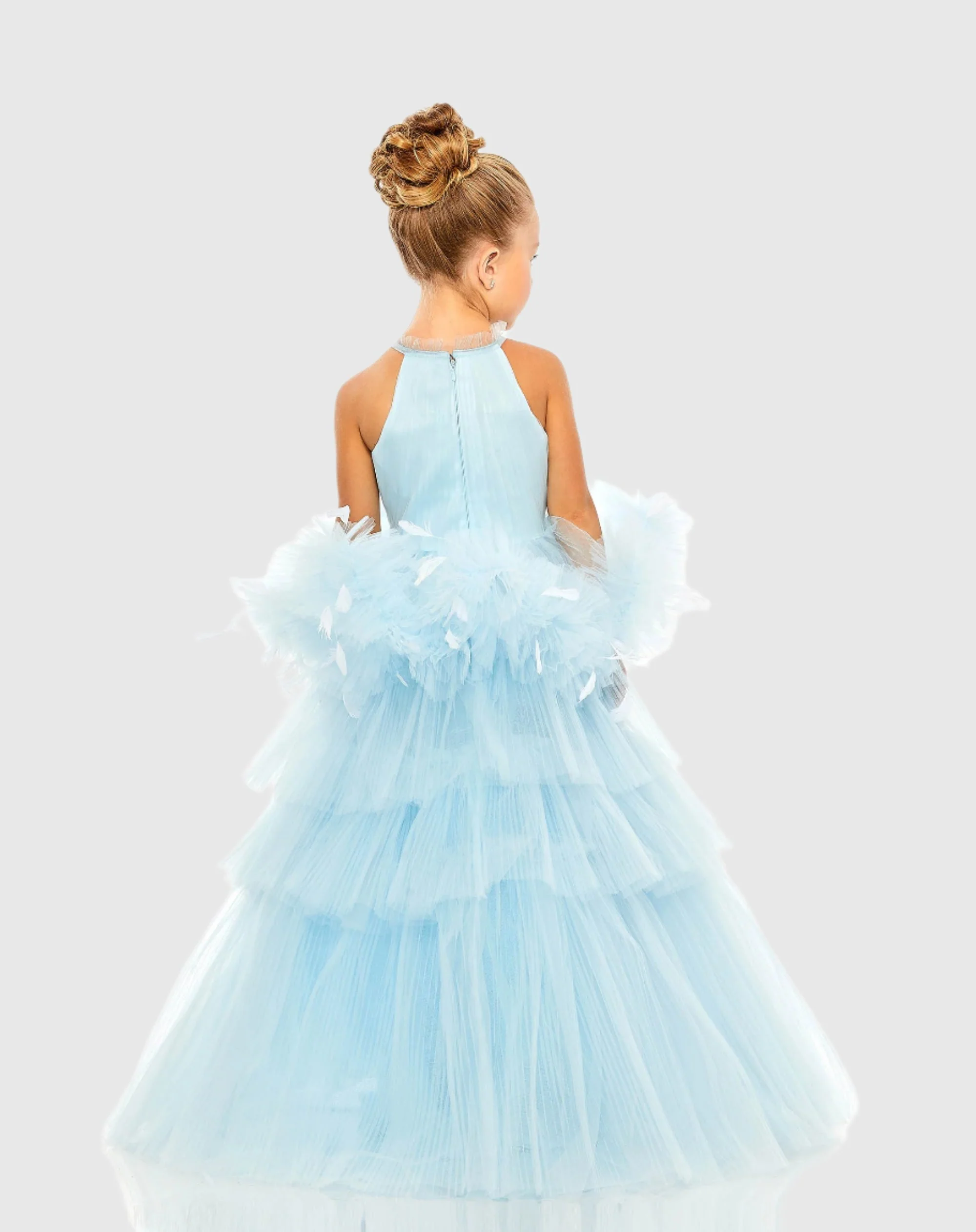 Girls High Neck Tulle Dress with Feather Detail