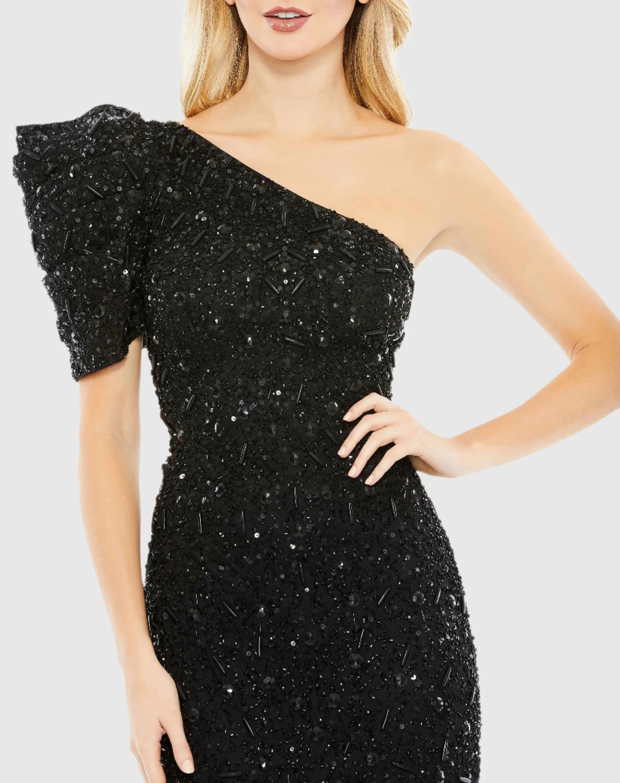 Black Embellished Puff One Shoulder Column Gown