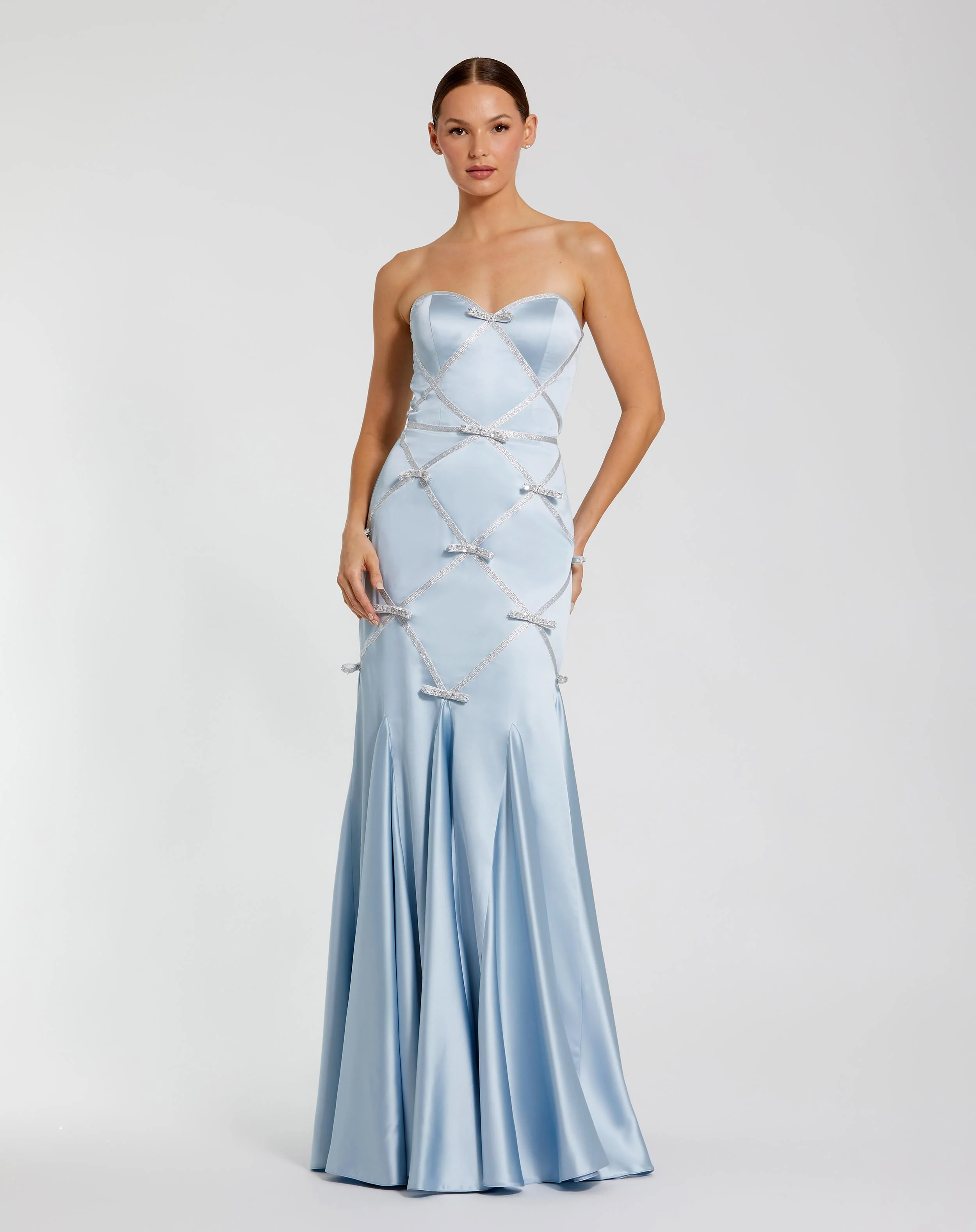 Blue Strapless Satin Mermaid Gown With Bow Details