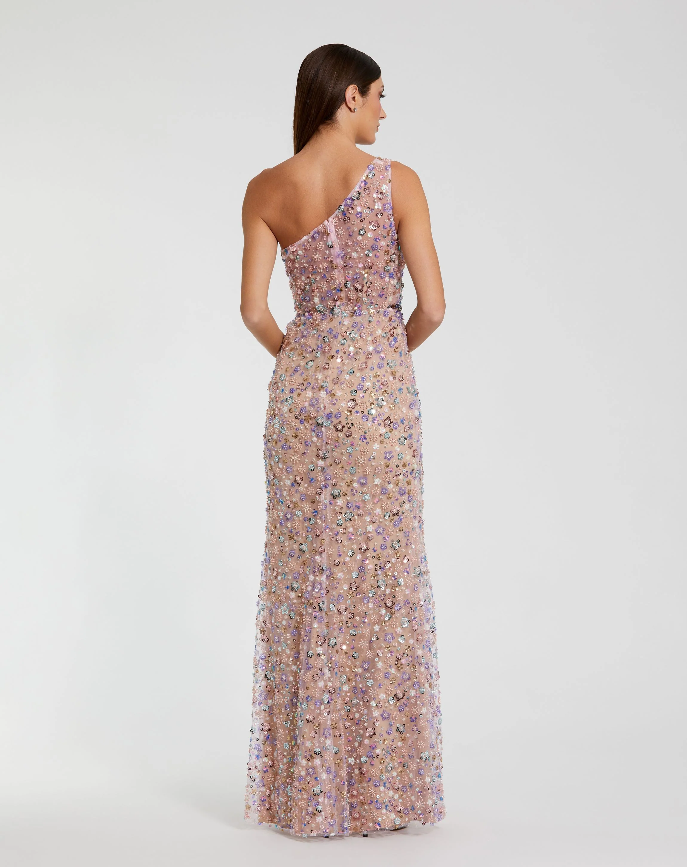 Pink Floral Embellished One Shoulder Gown
