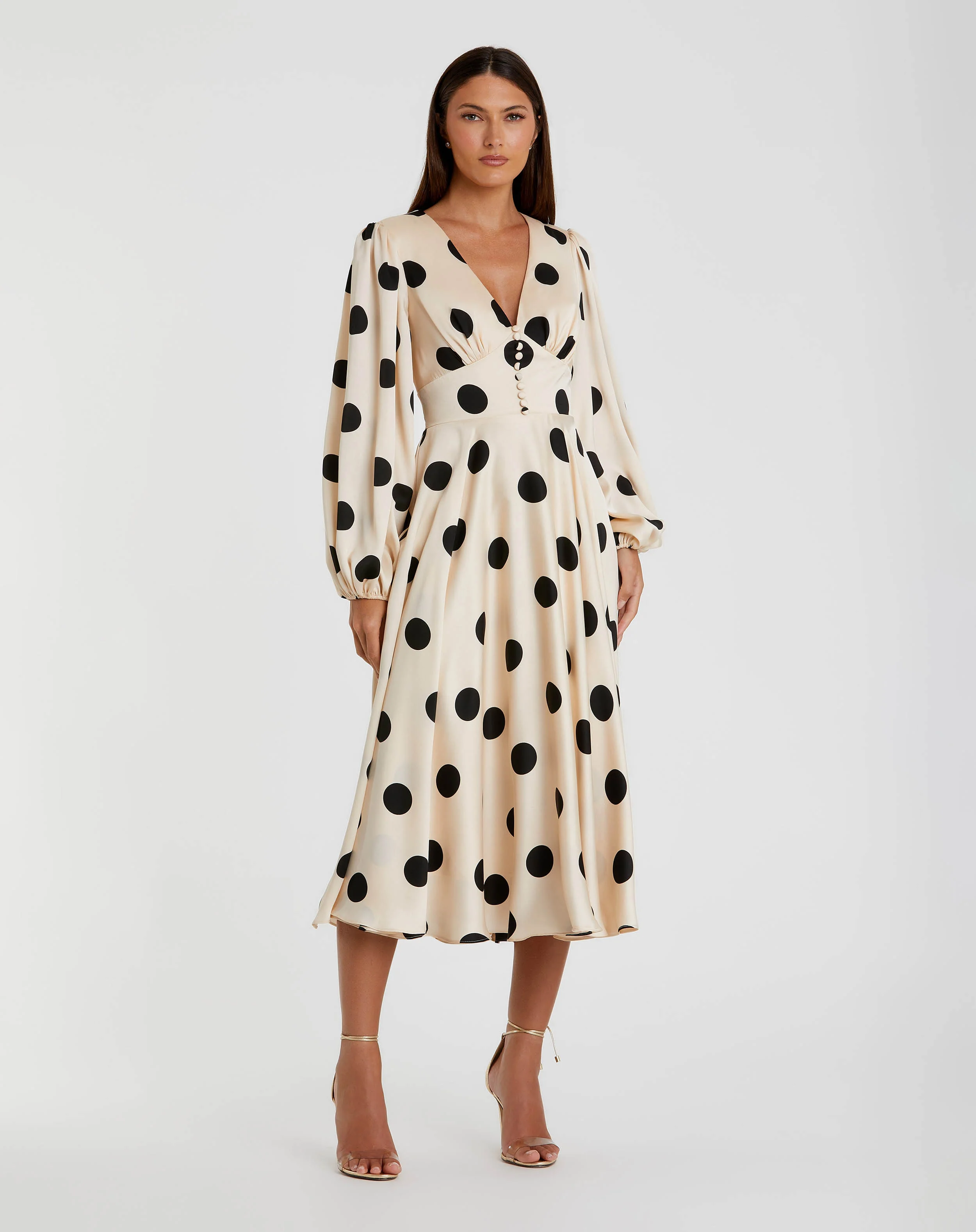 Beige Polka Dot Charmeuse Long Sleeve V Neck Midi Dress