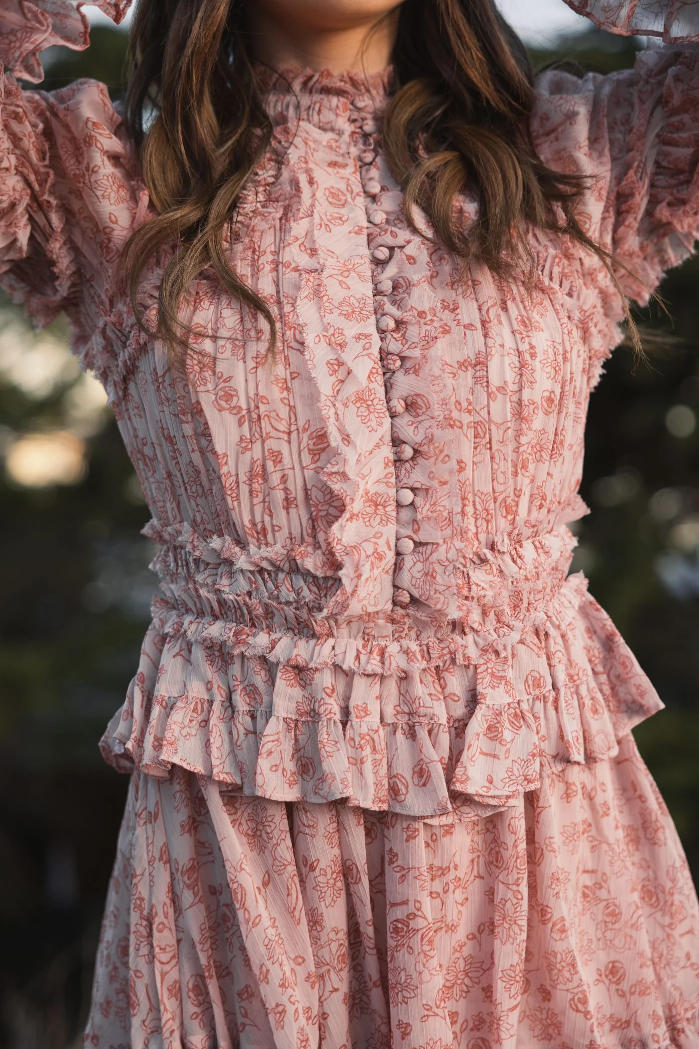 Pink Long Sleeve Open Front High Neck Ruffle Mini Dress