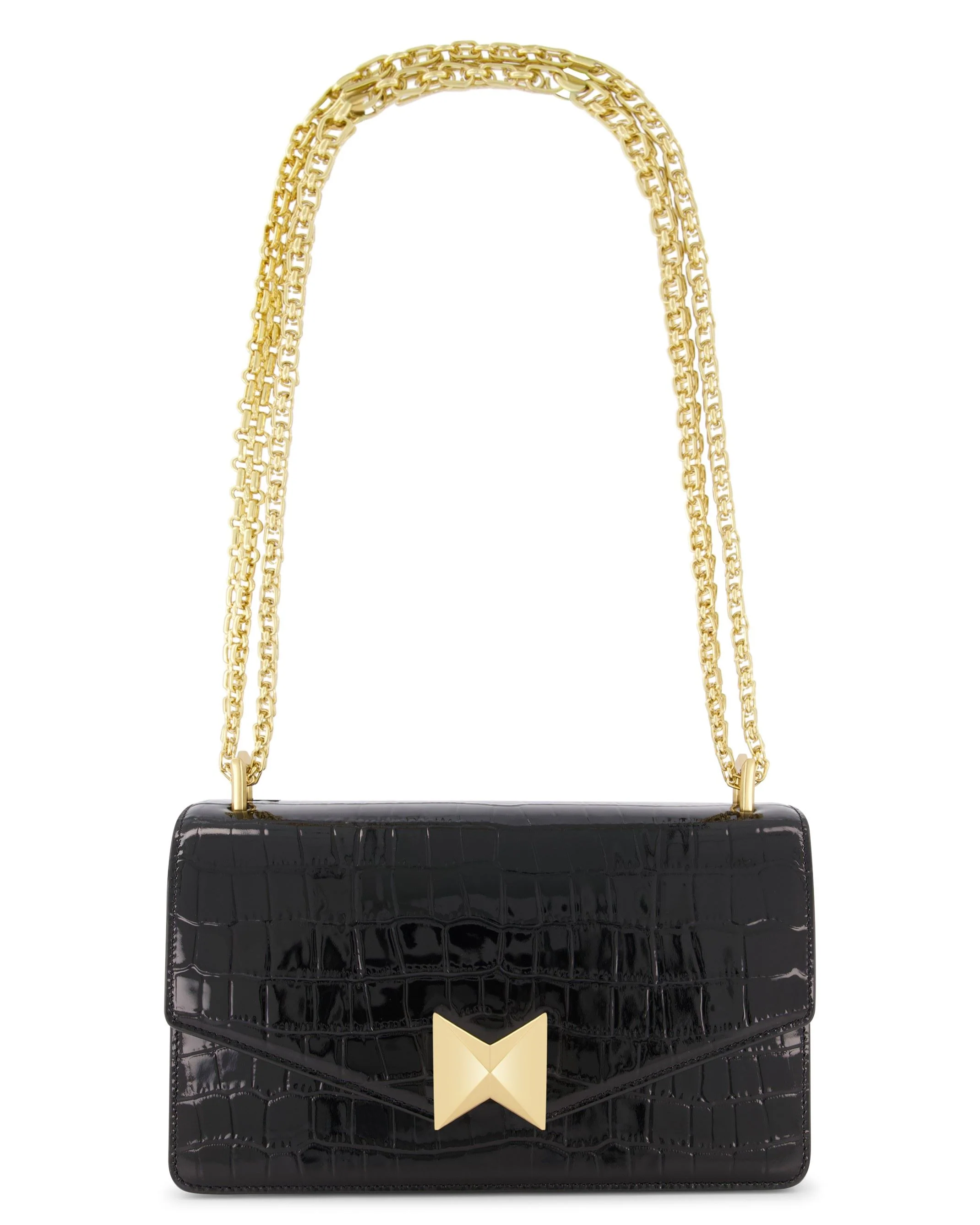 Black Crocodile Leather Shoulder Bag With Gold Hardware