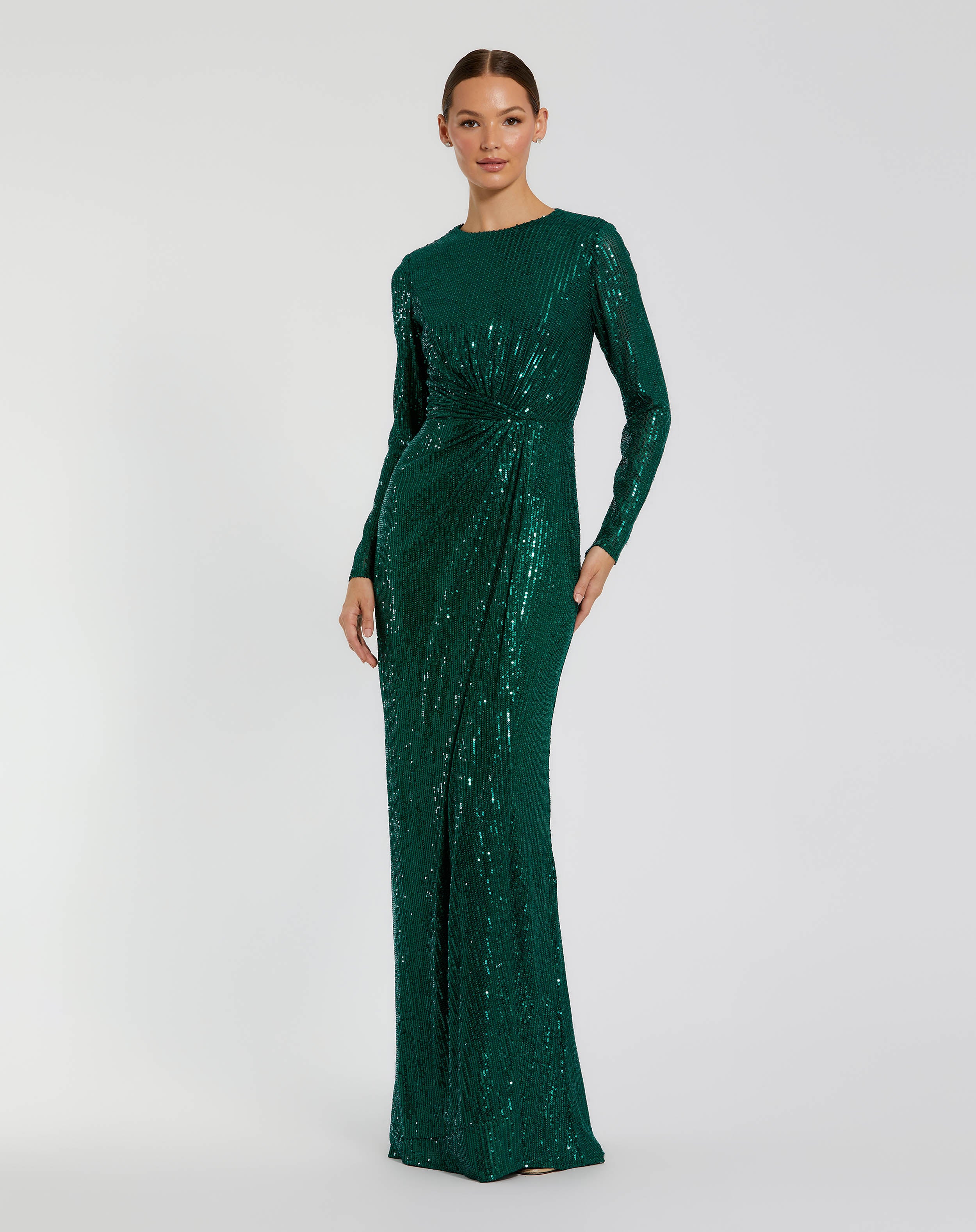 Green Sequined Long Sleeve Side Knot Gown